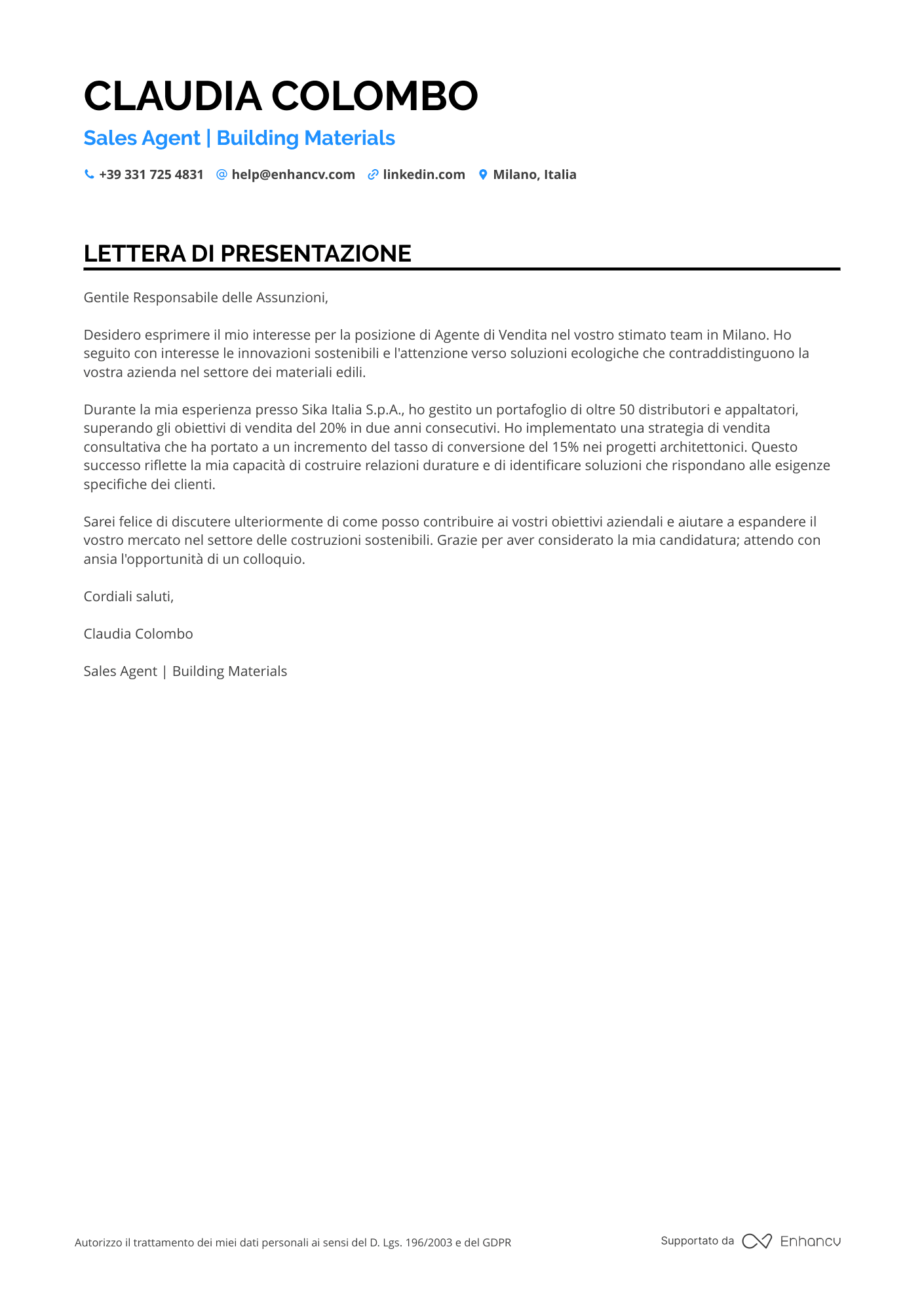 Agente Di Commercio Lettera di presentazione