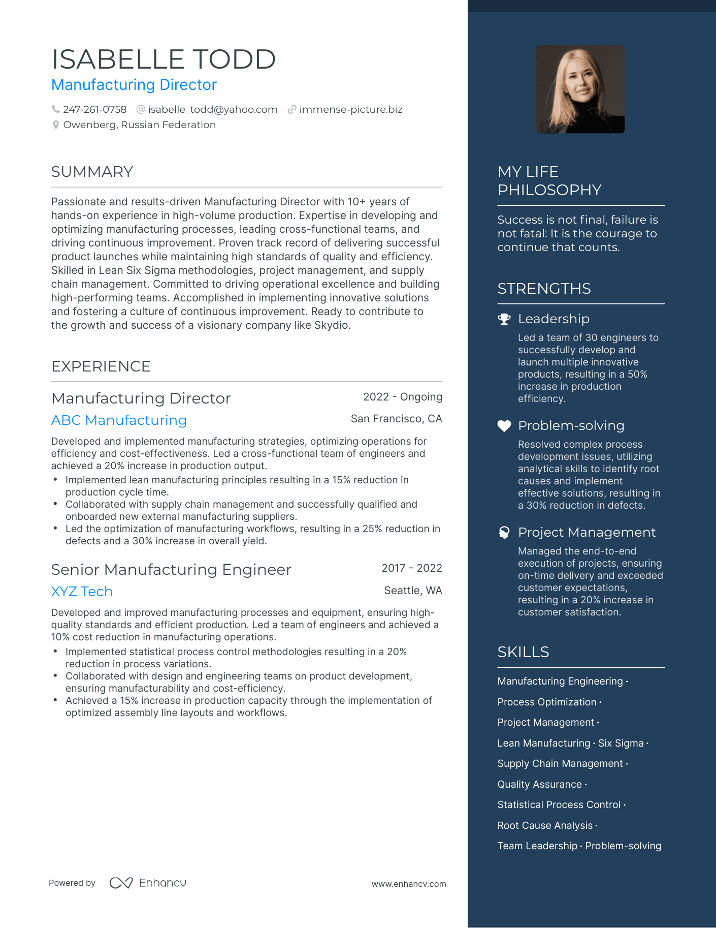 Manufacturing Director resume example