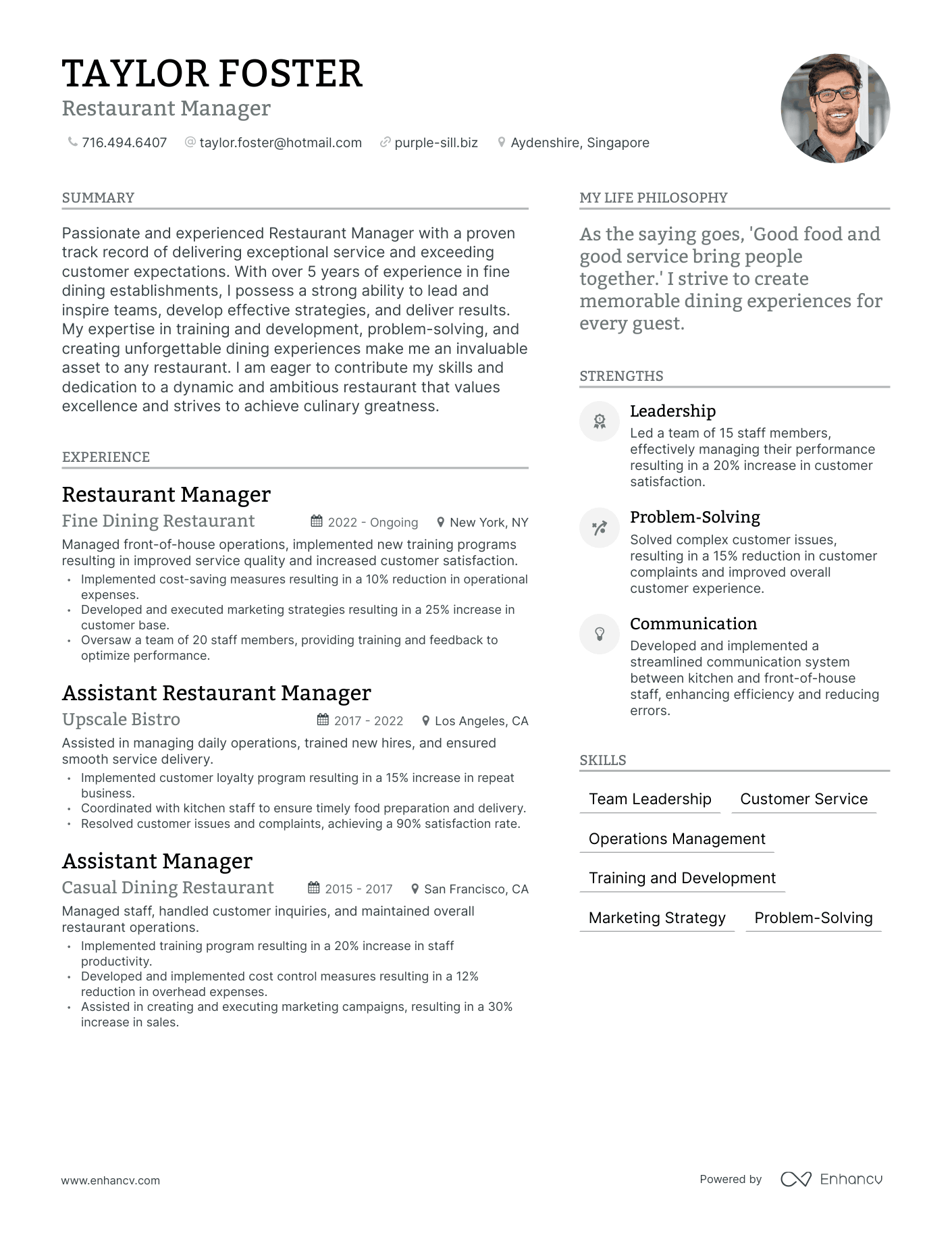 resume for restaurant manager