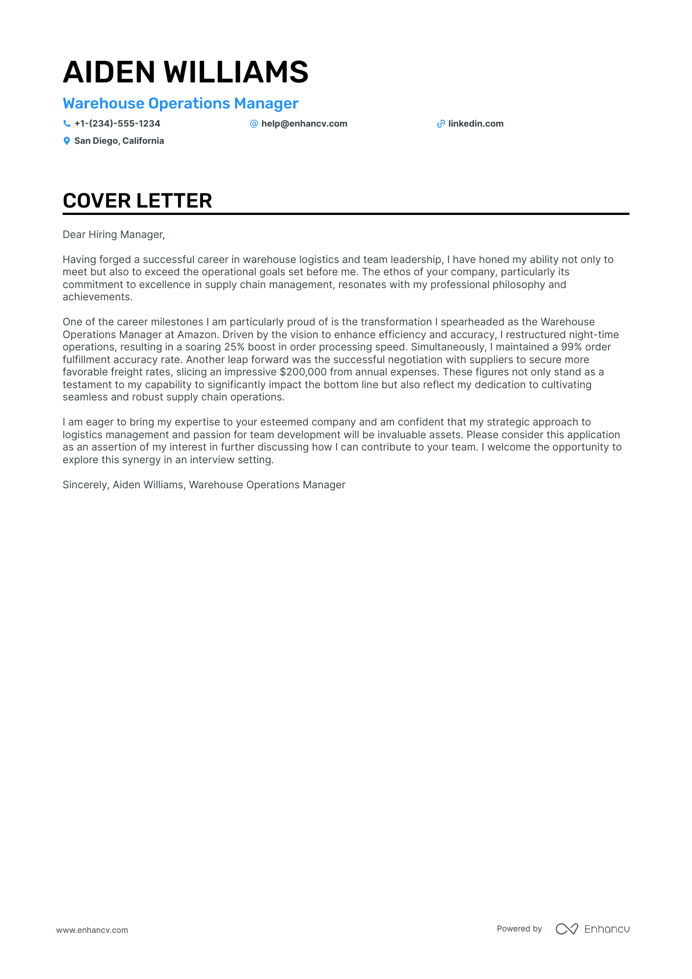 Warehouse Manager cover letter