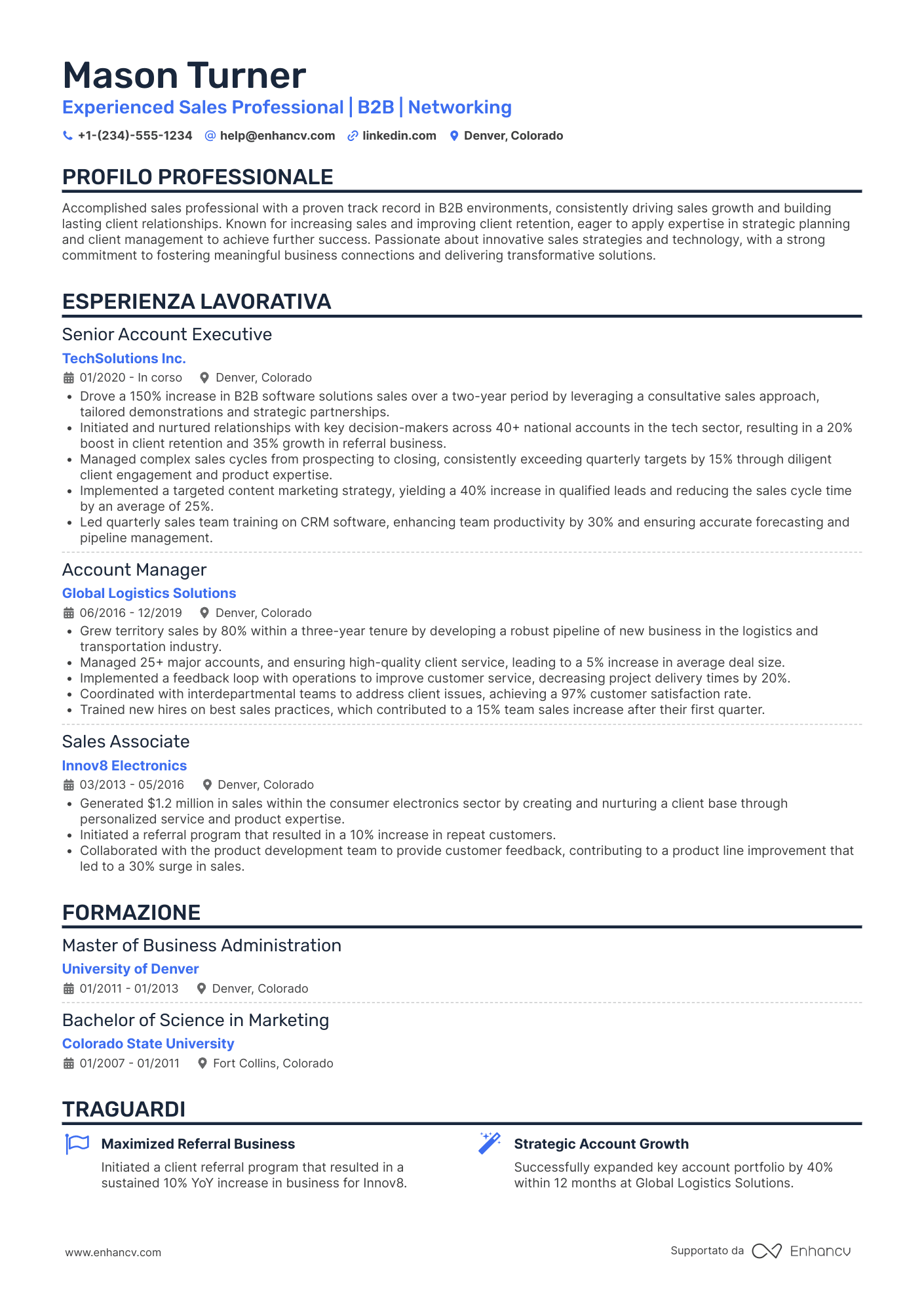 A single column resume template perfect for all industries. Blue accent color.  