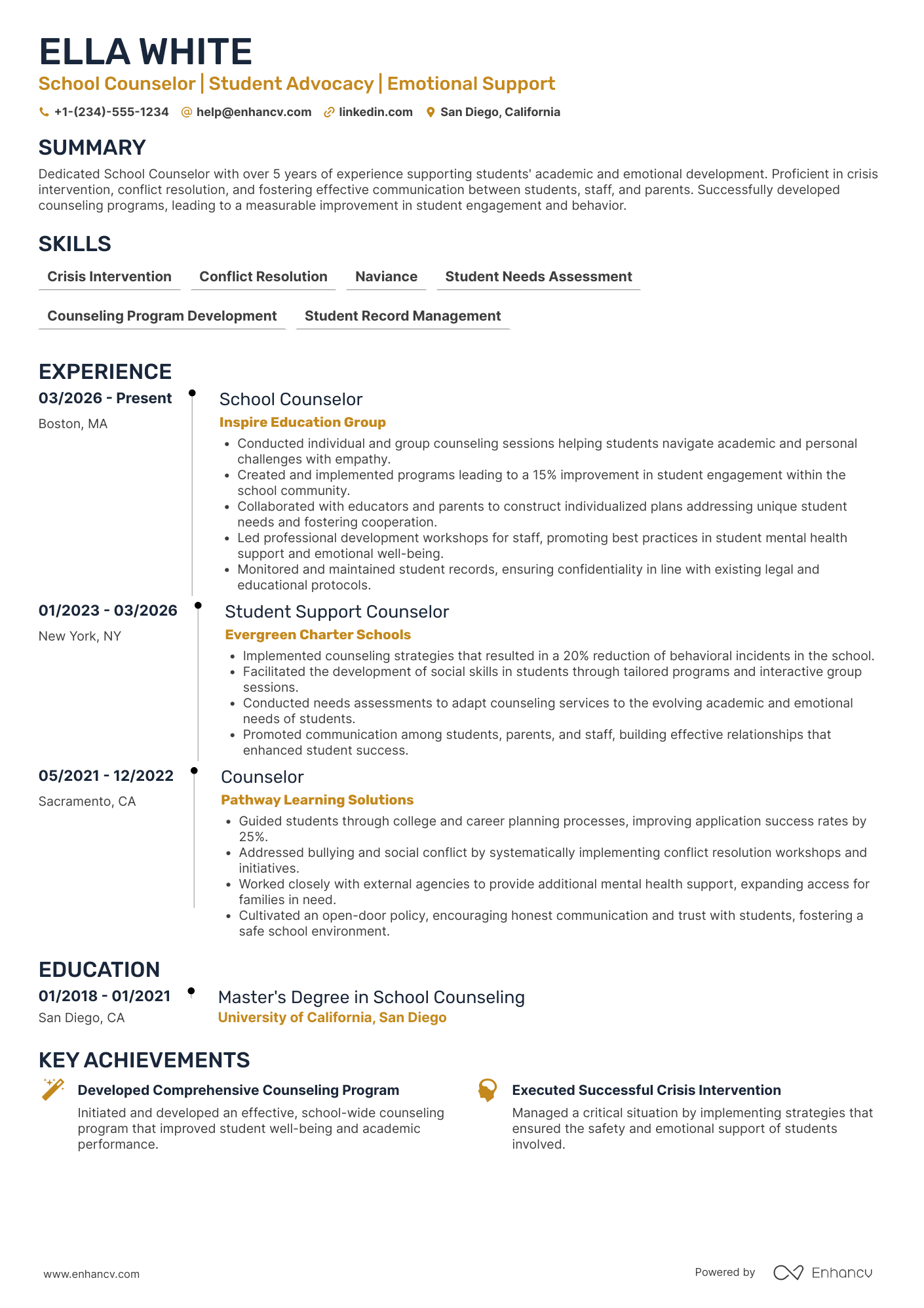 School Counselor resume example