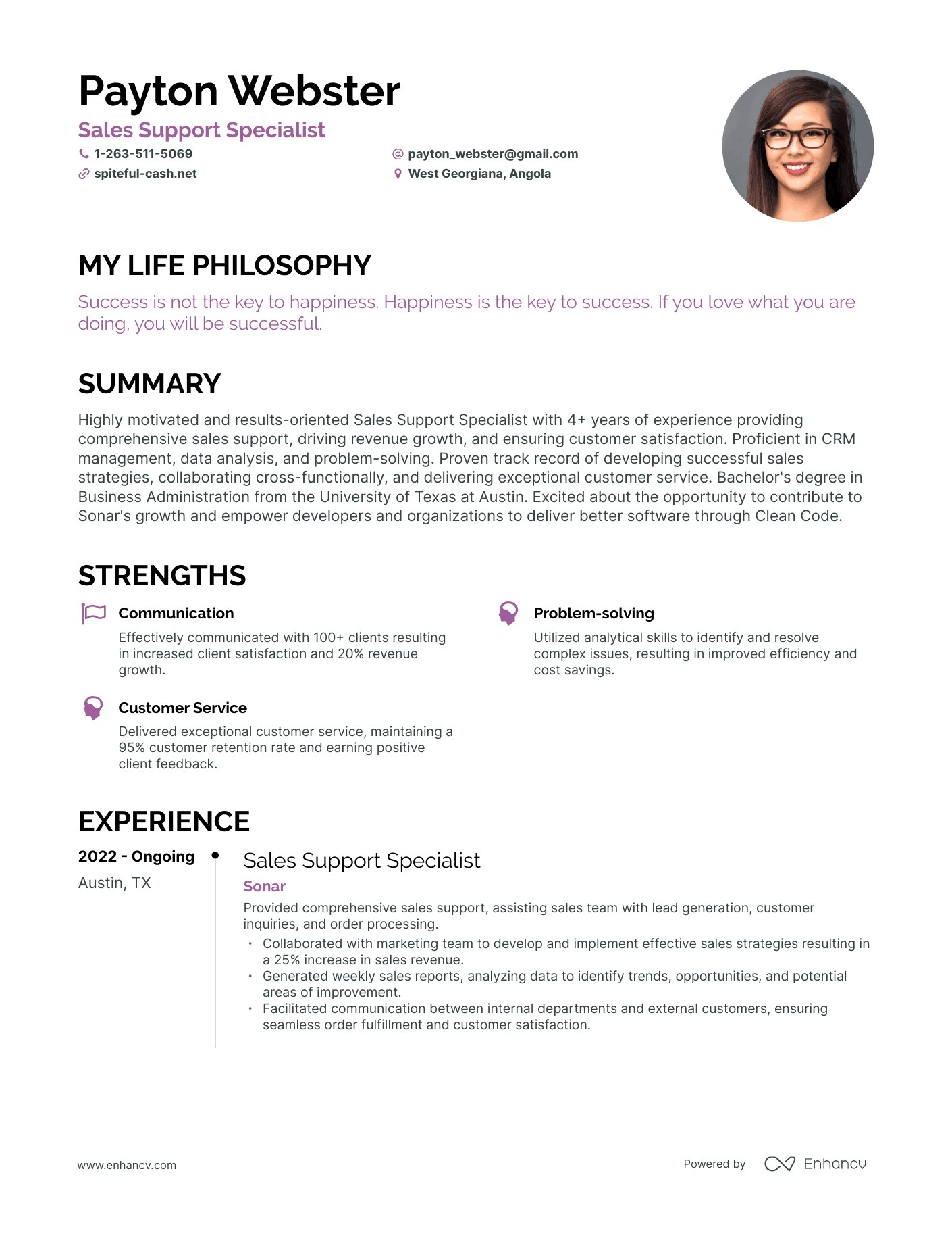 Creative Sales Support Specialist Resume Example