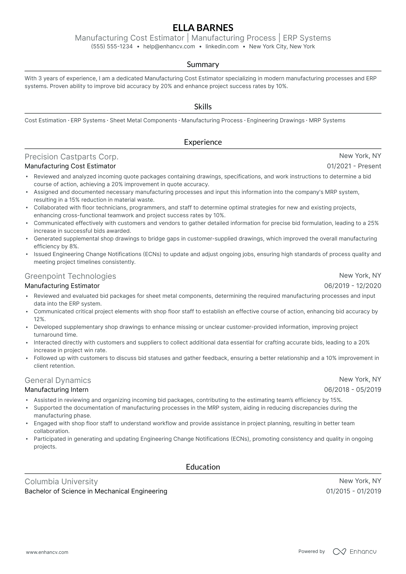 Manufacturing Cost Estimator resume example