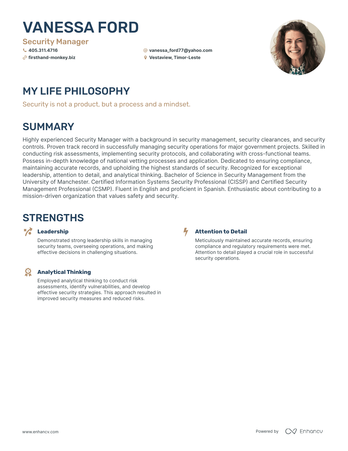 Creative Security Manager Resume Example