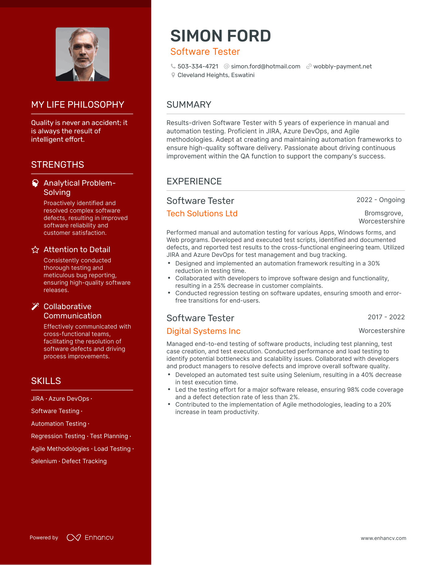 Creative Software Tester Resume Example