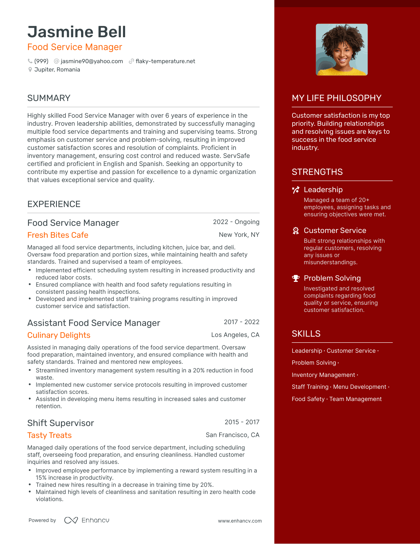 Modern Food Service Manager Resume Example