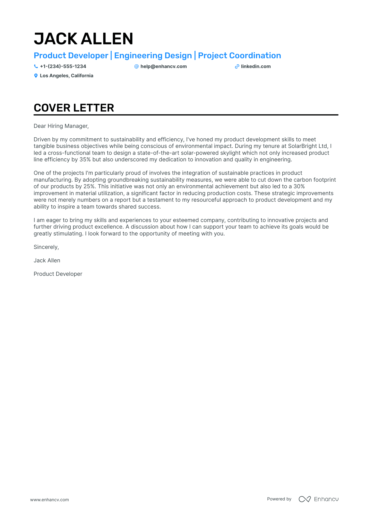 Product Developer cover letter
