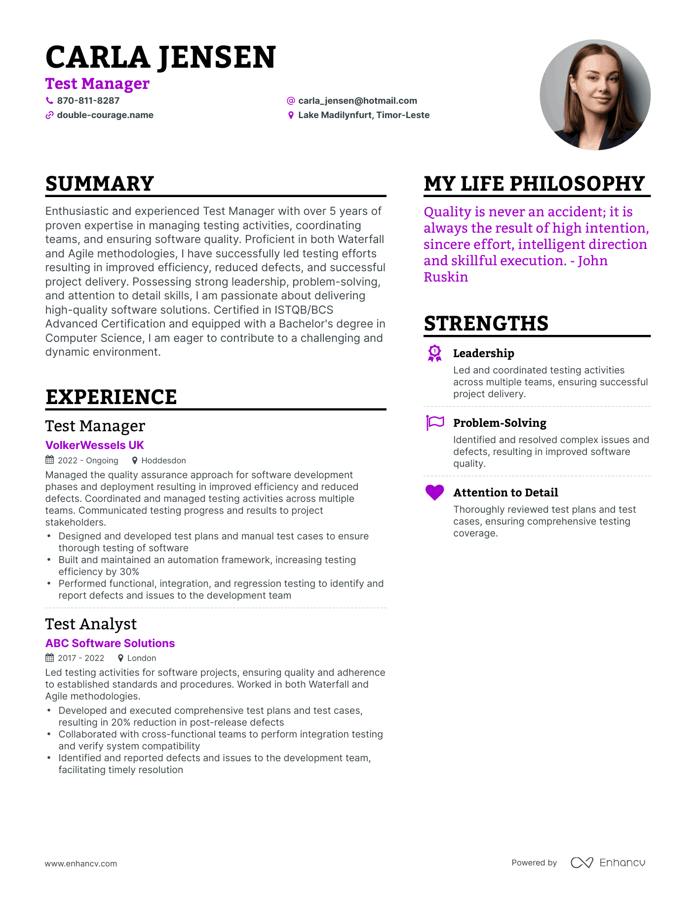Modern Test Manager Resume Example