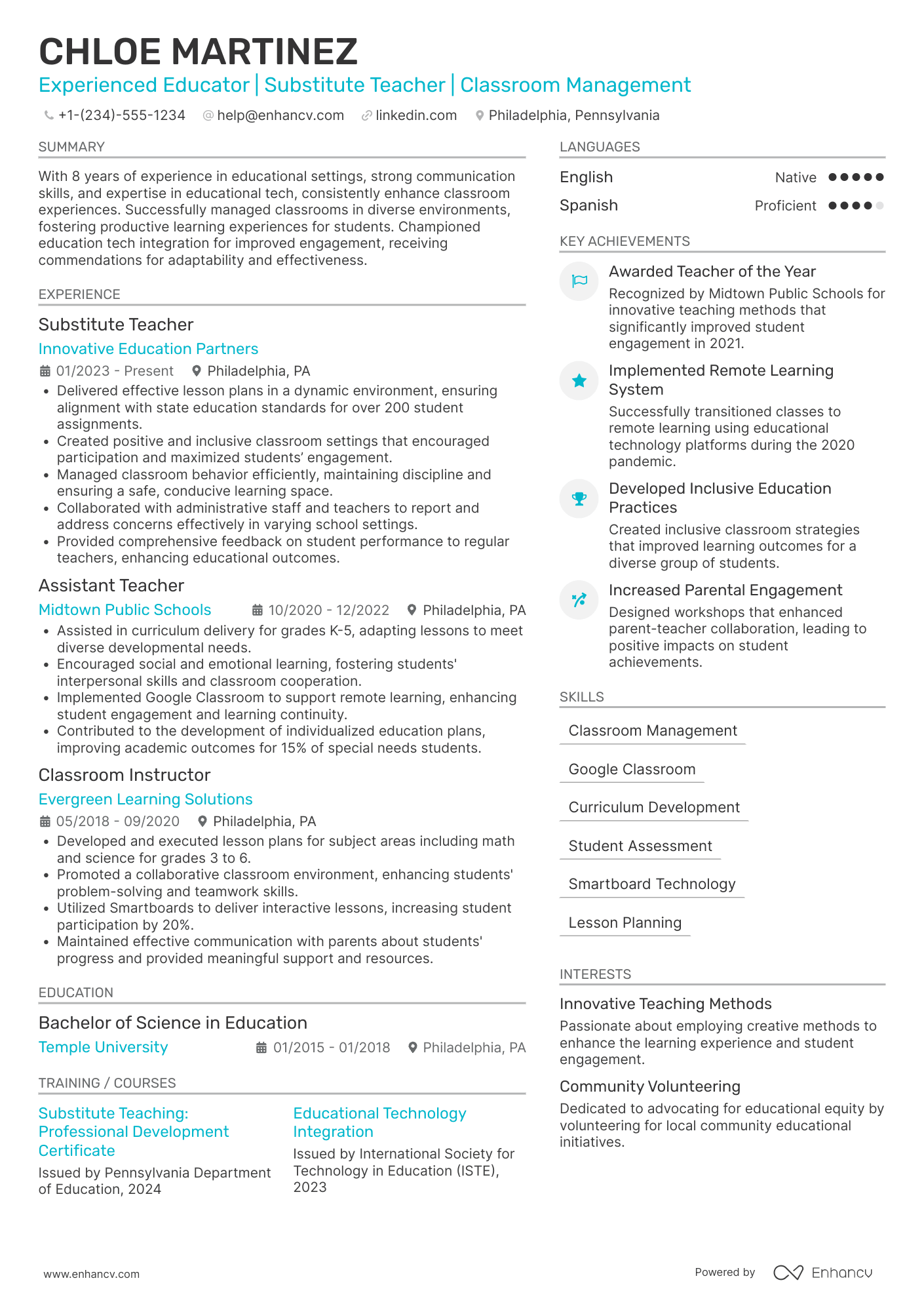 Substitute Teacher resume example