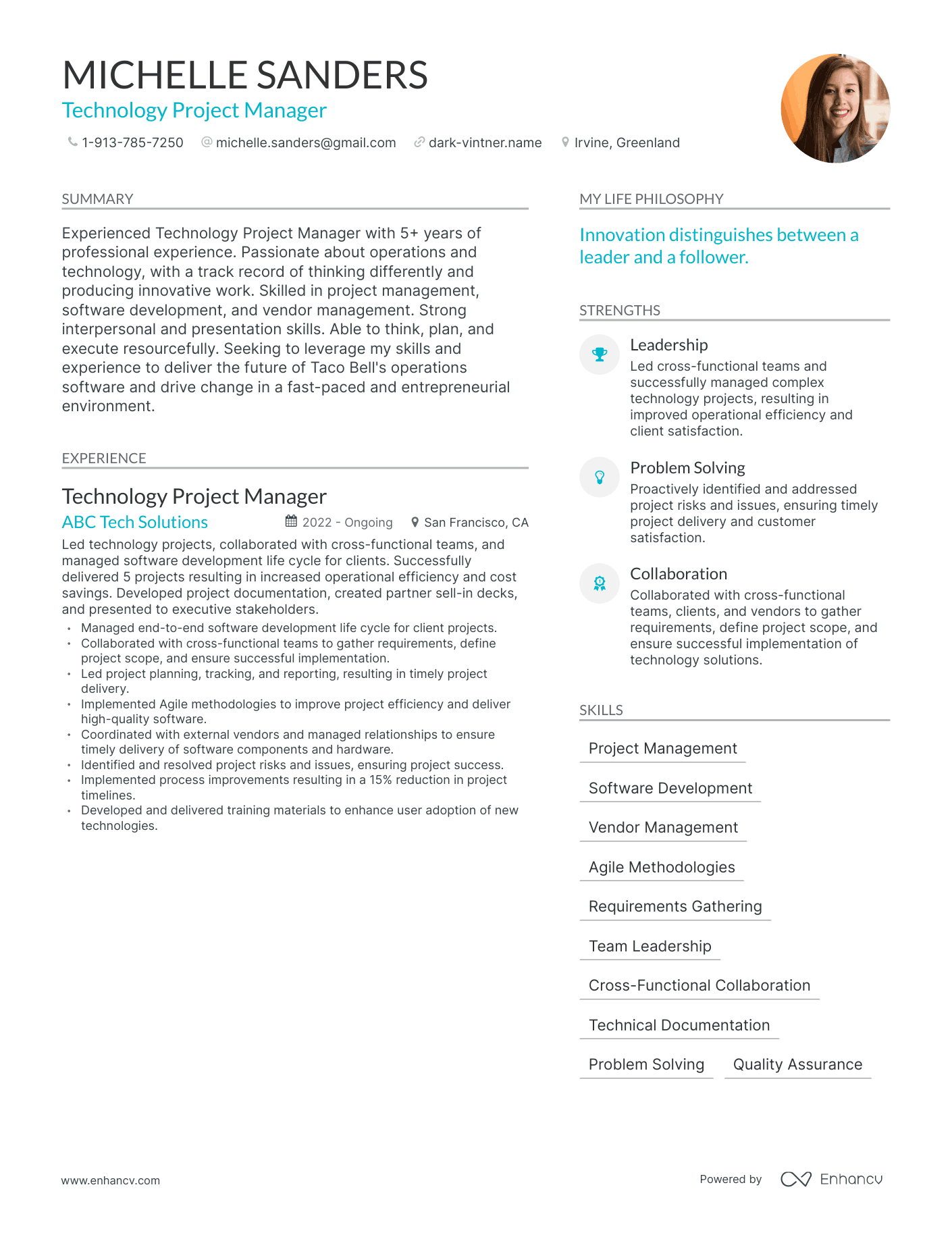 Modern Technology Project Manager Resume Example