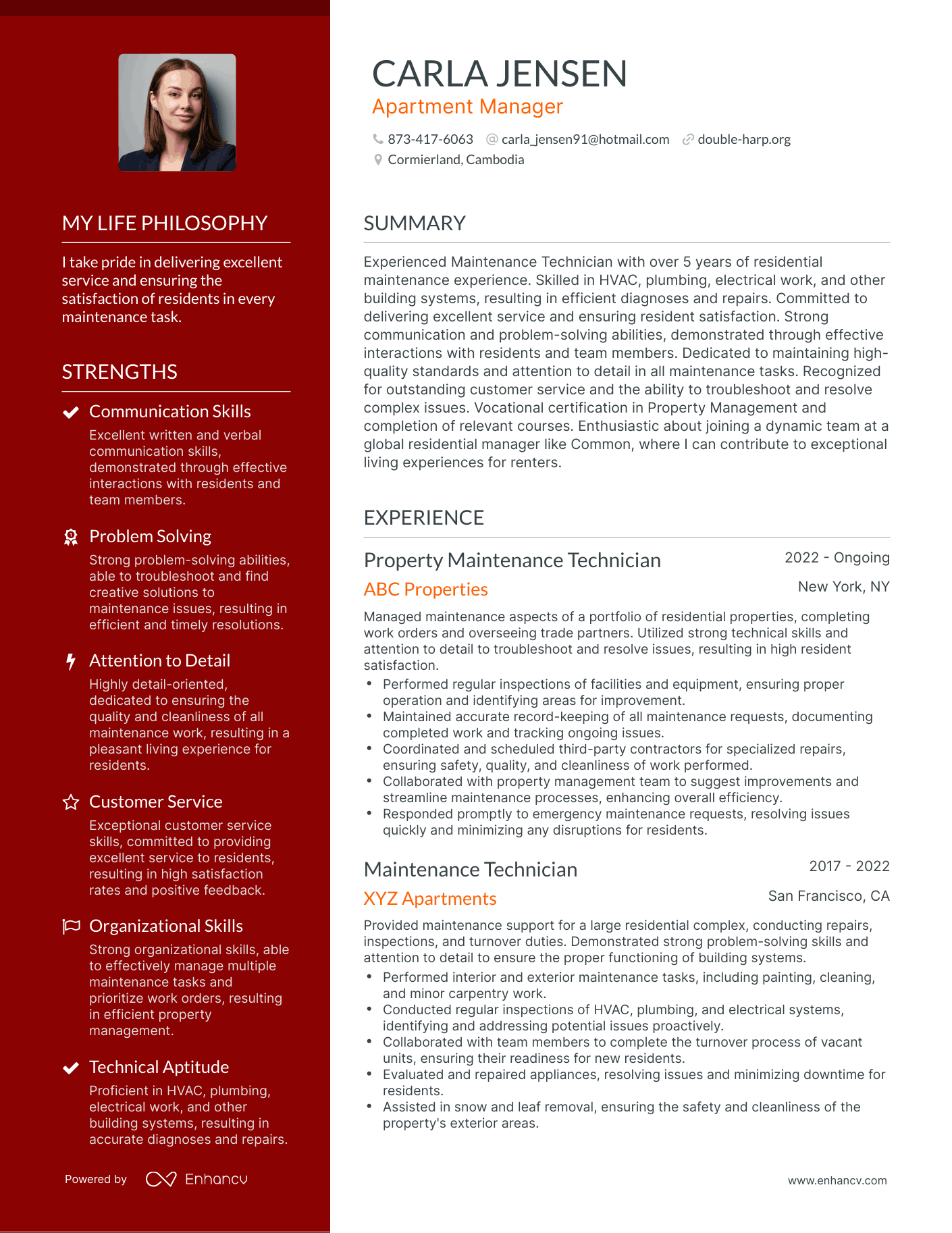 Apartment Manager resume example