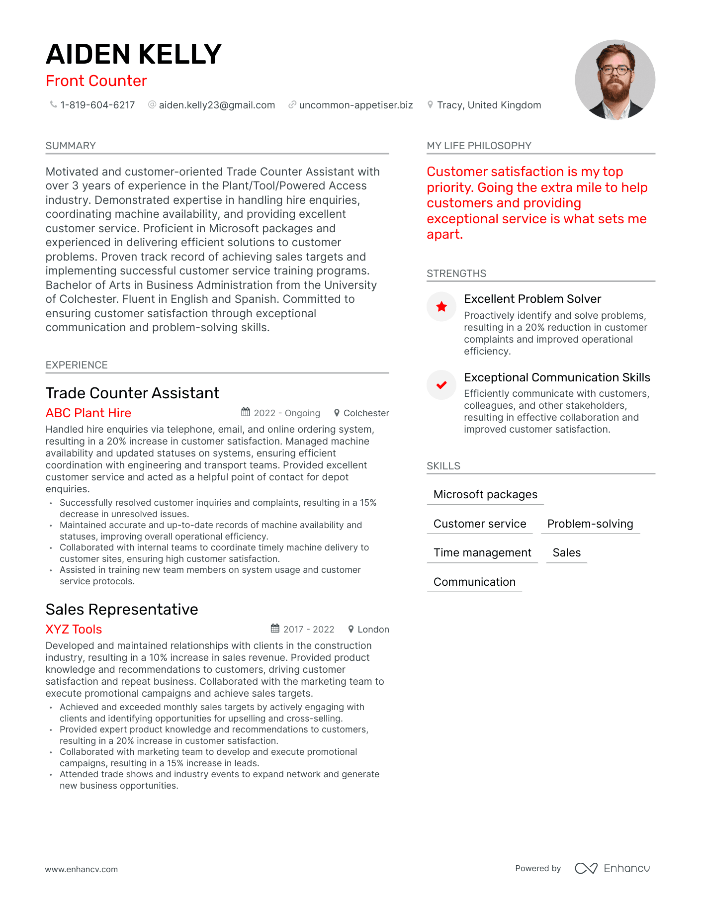 Front Counter resume example
