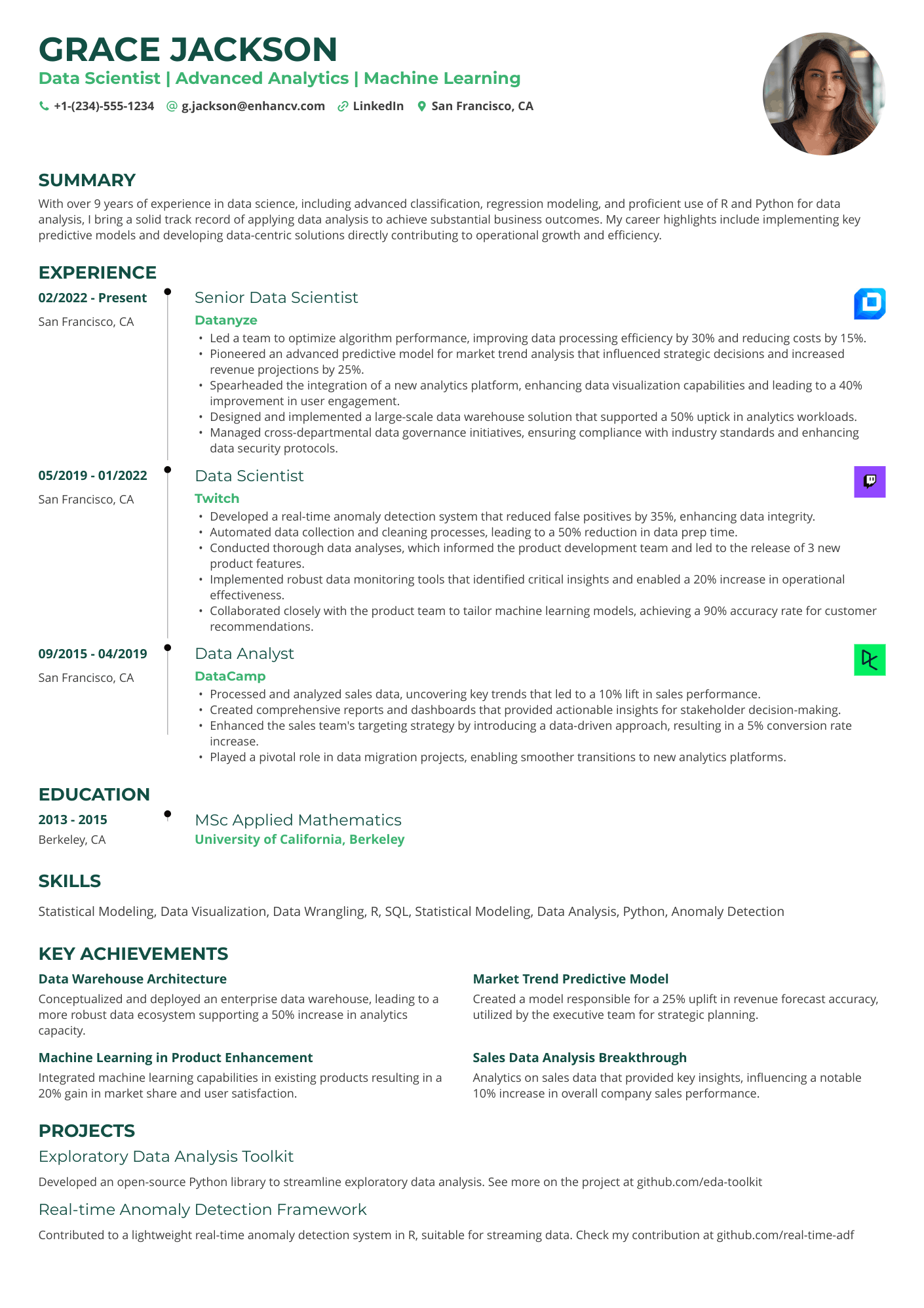 A single column timeline resume template with green accent colors.