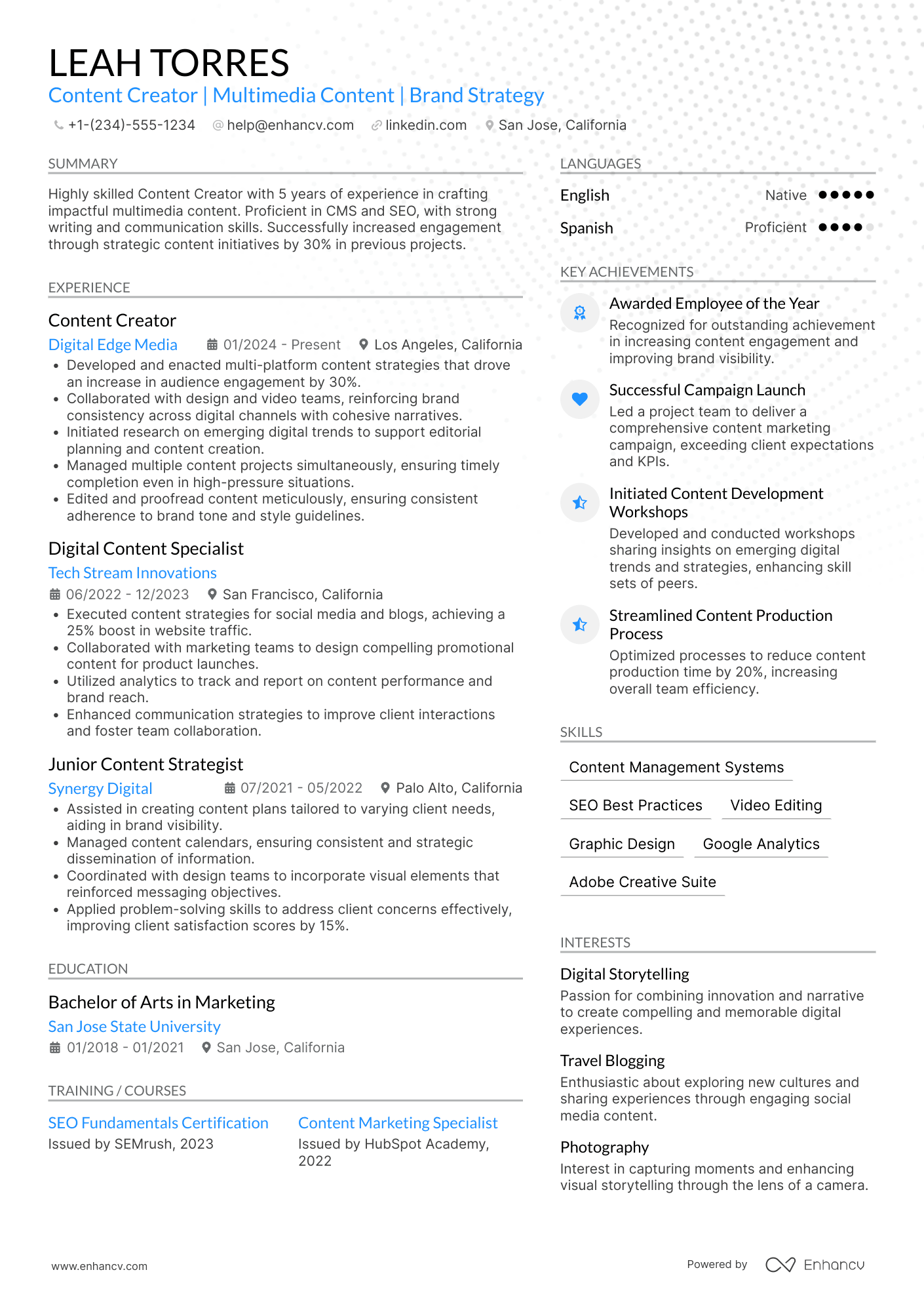 Content Creator resume example