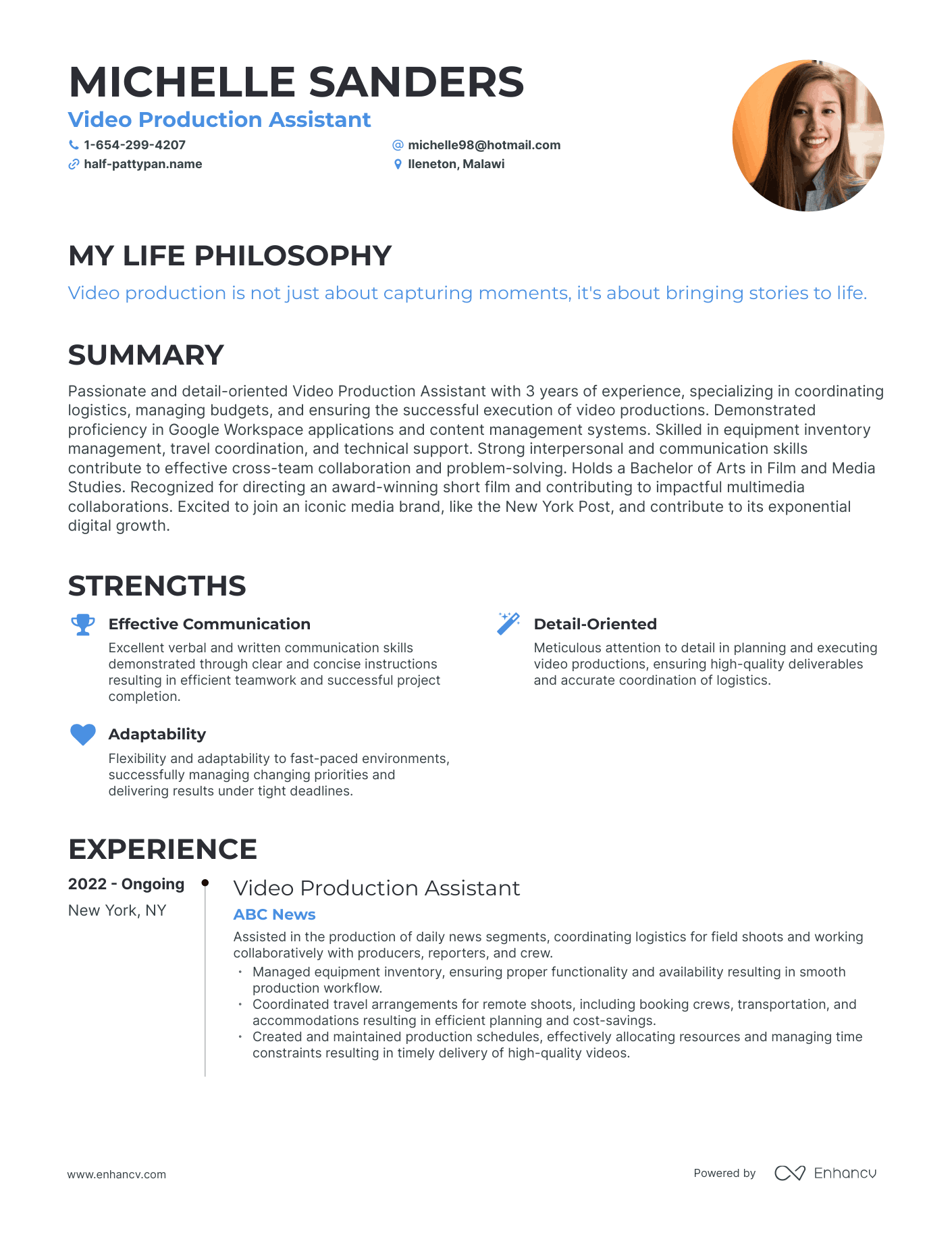 Creative Video Production Assistant Resume Example