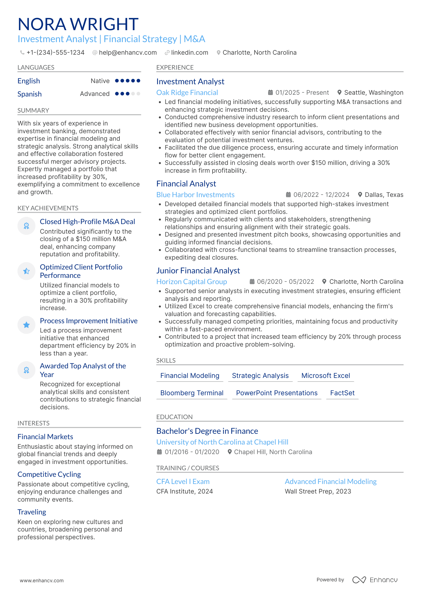 Investment Banking Analyst resume example