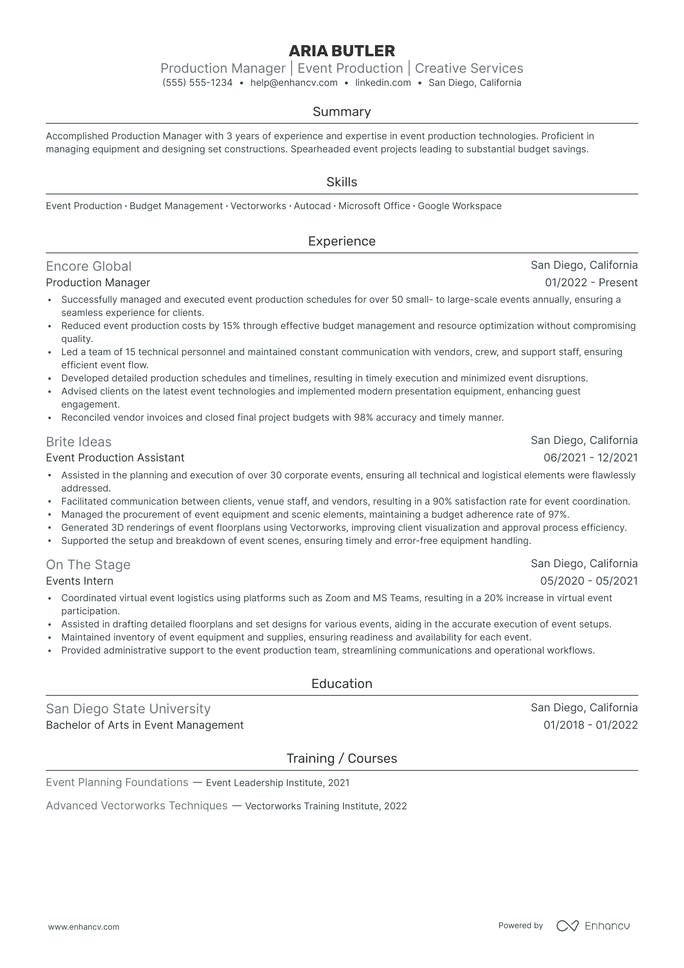 Event Production Manager resume example