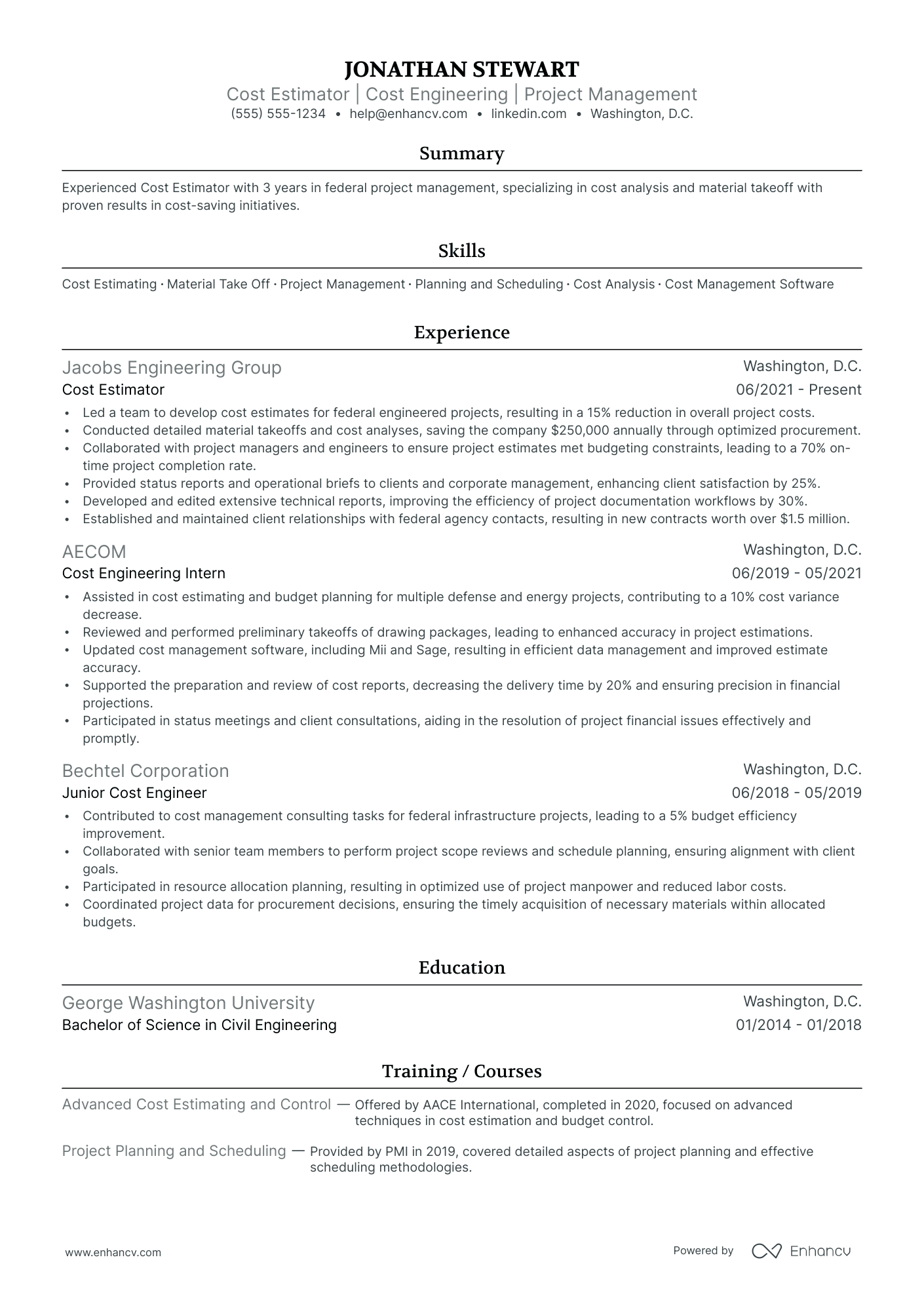 Senior Cost Estimator resume example