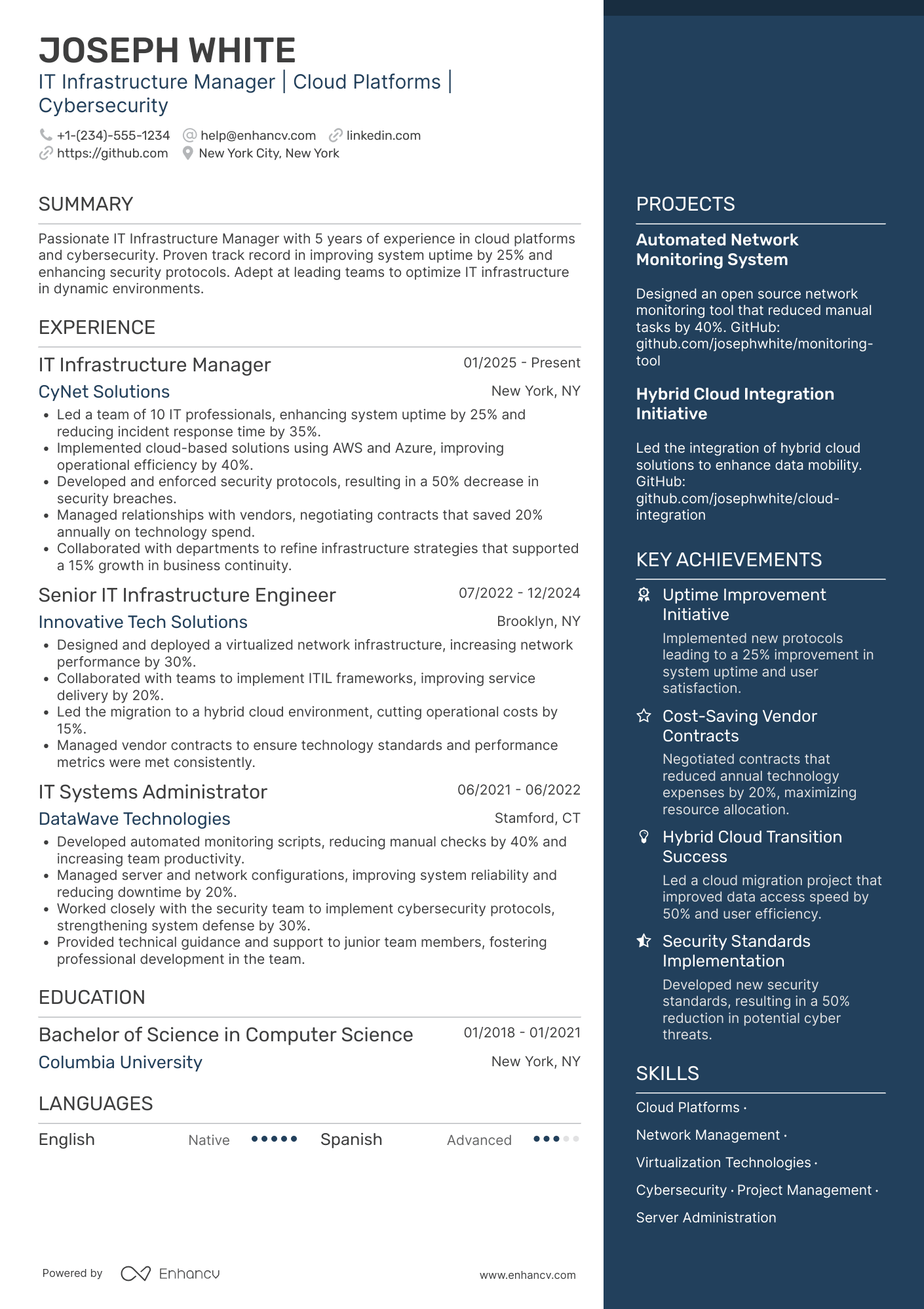 IT Infrastructure Manager resume example