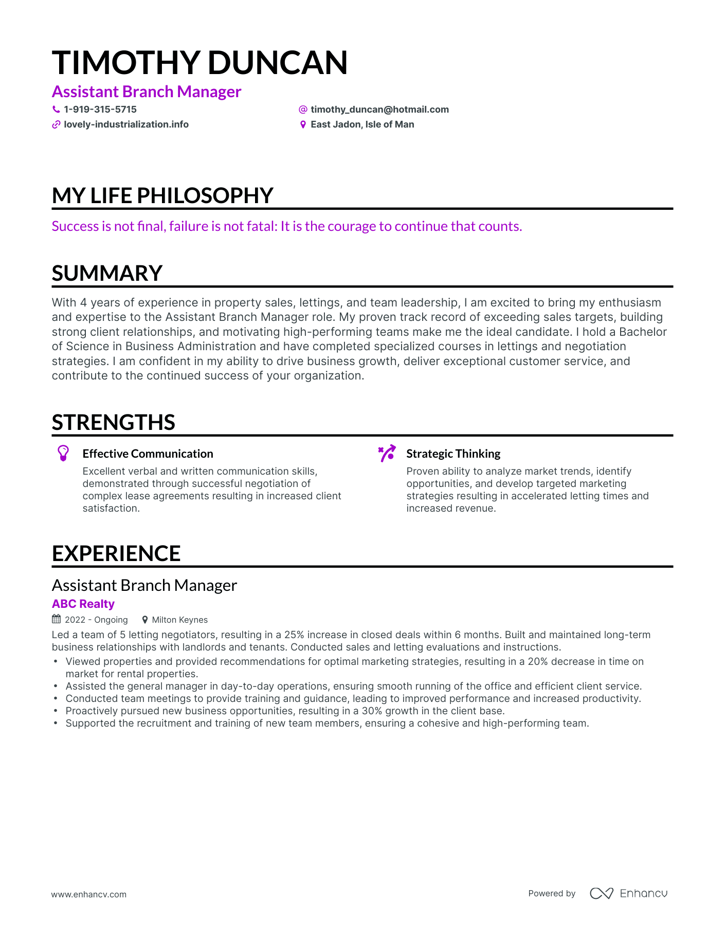 Creative Assistant Branch Manager Resume Example