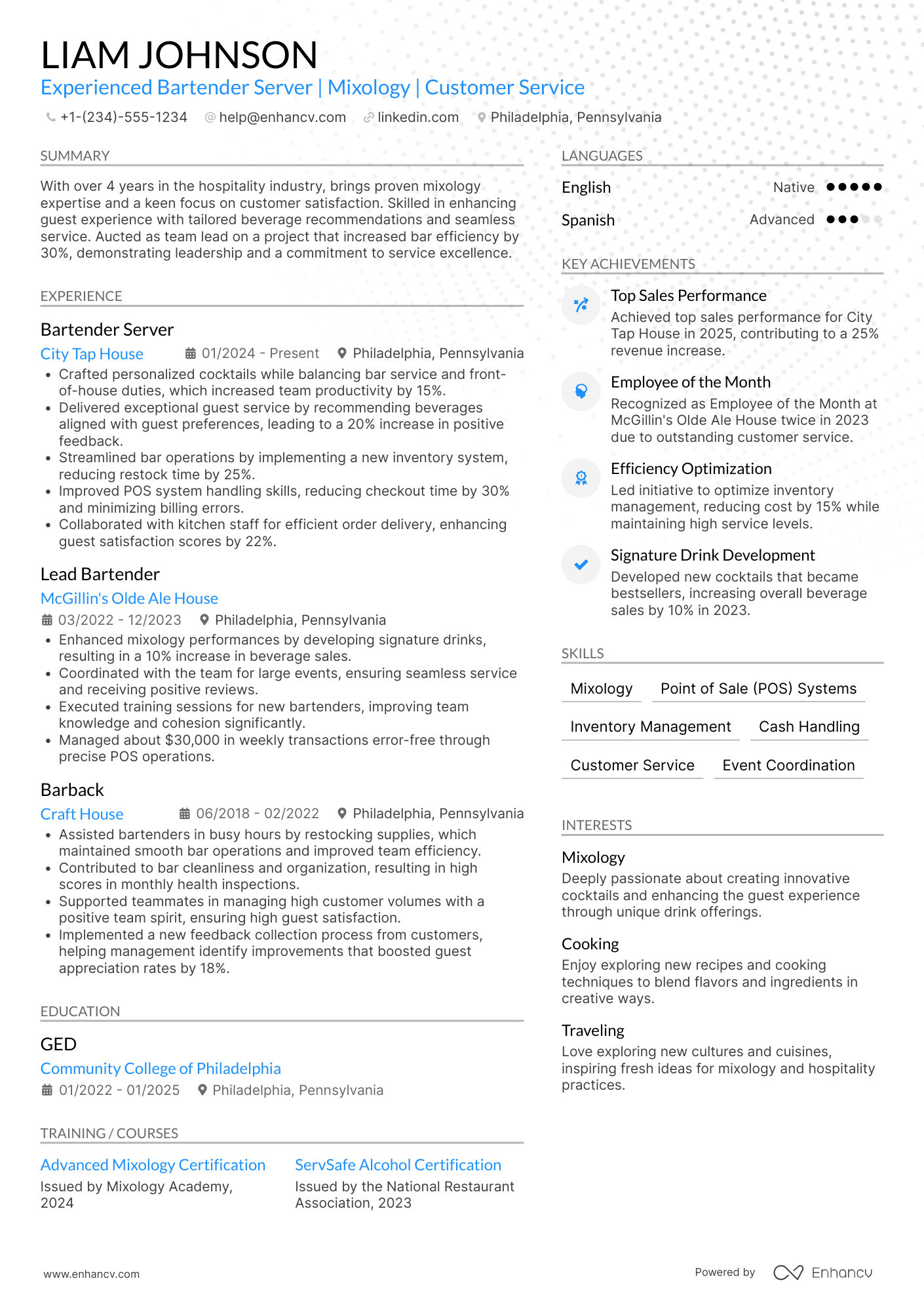 Bartender Server resume example