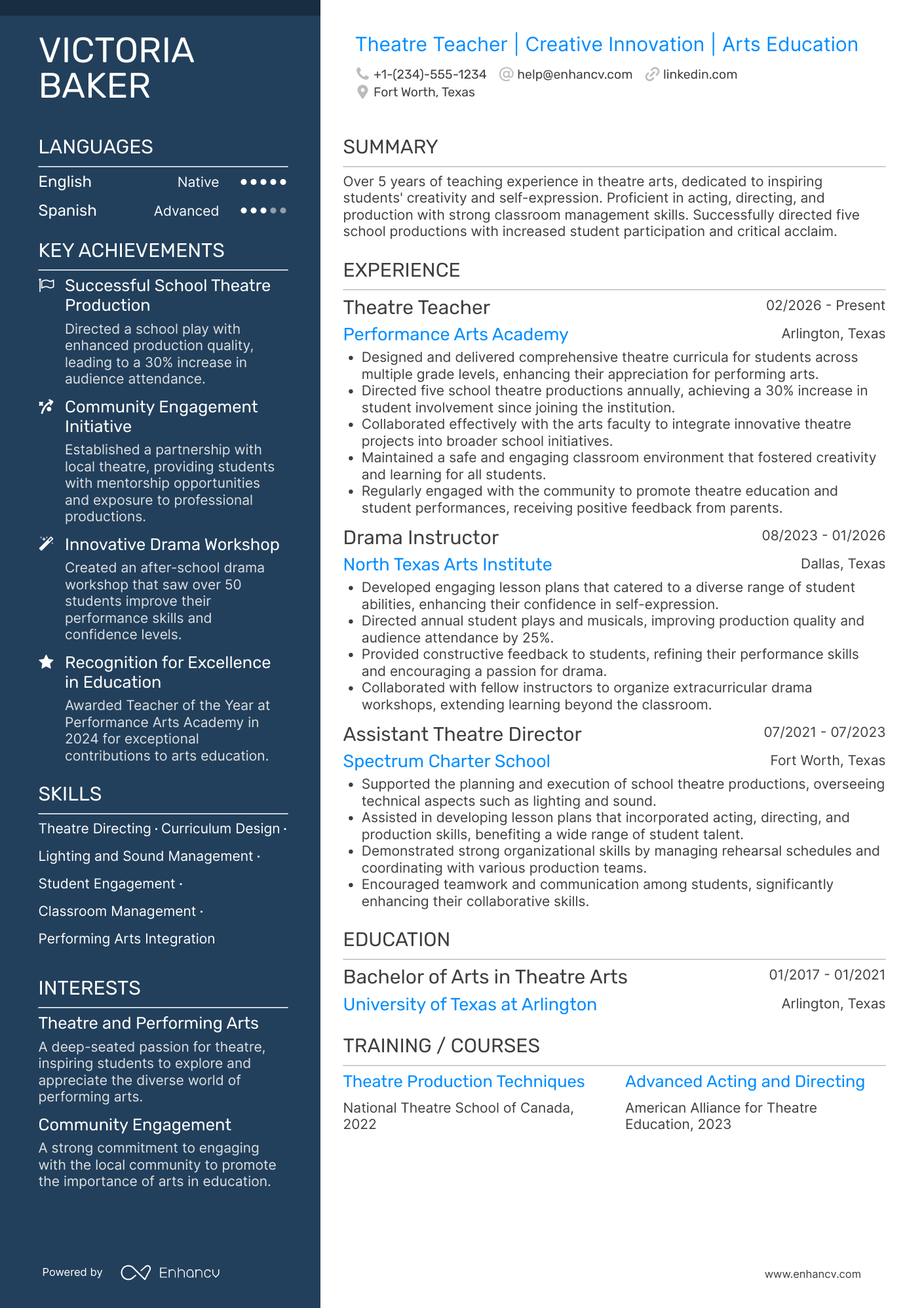 Theatre Teacher resume example