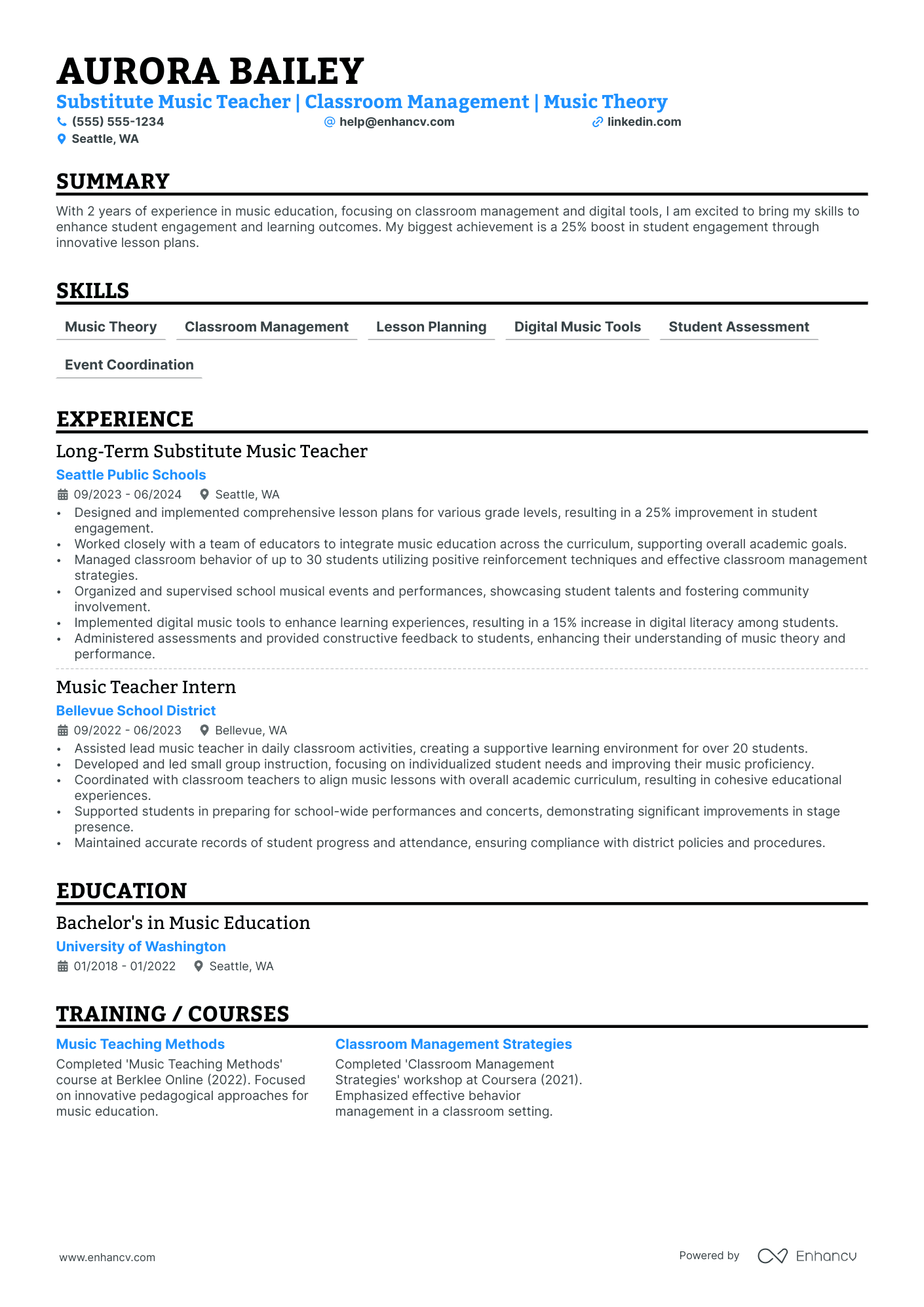 Substitute Music Teacher resume example