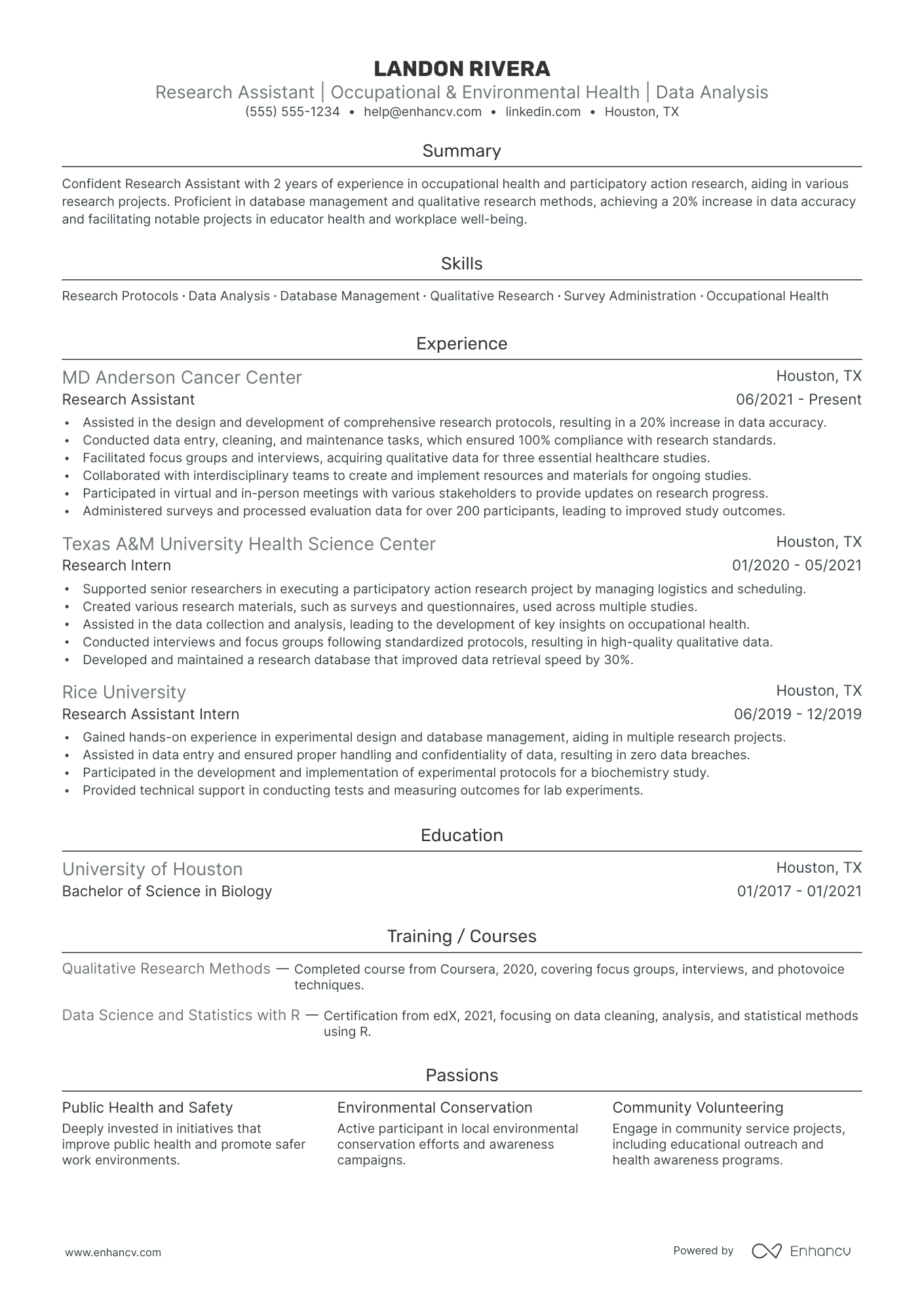 Environmental Research Assistant resume example