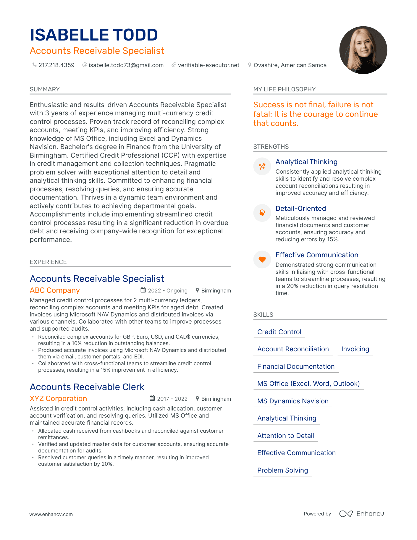 Accounts Receivable Specialist resume example