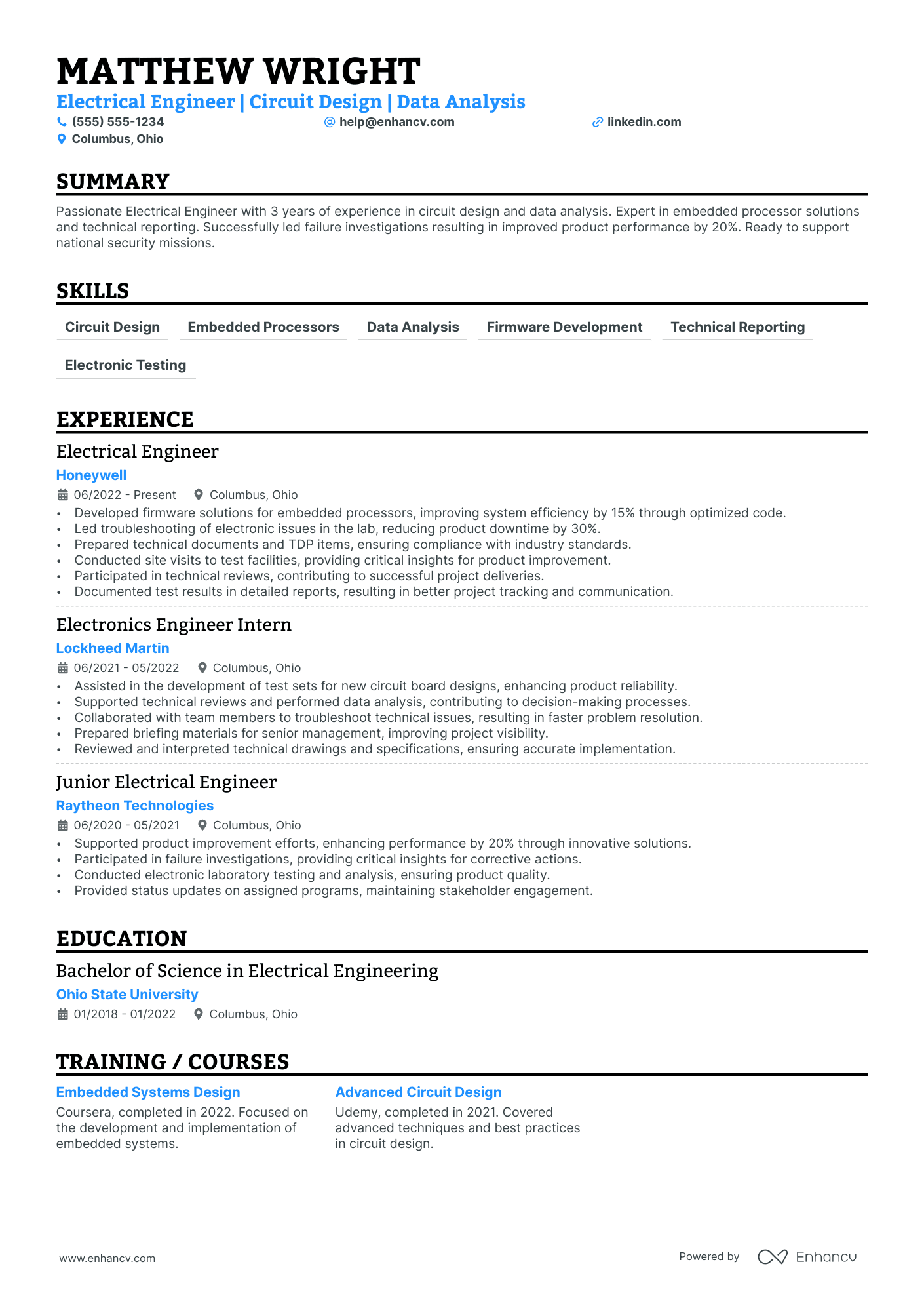 Electrical Engineer resume example