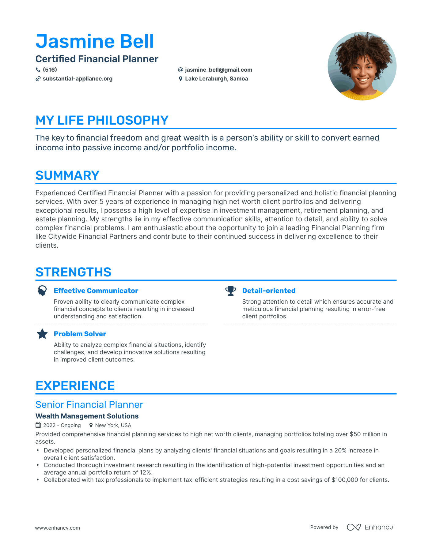 Creative Certified Financial Planner Resume Example