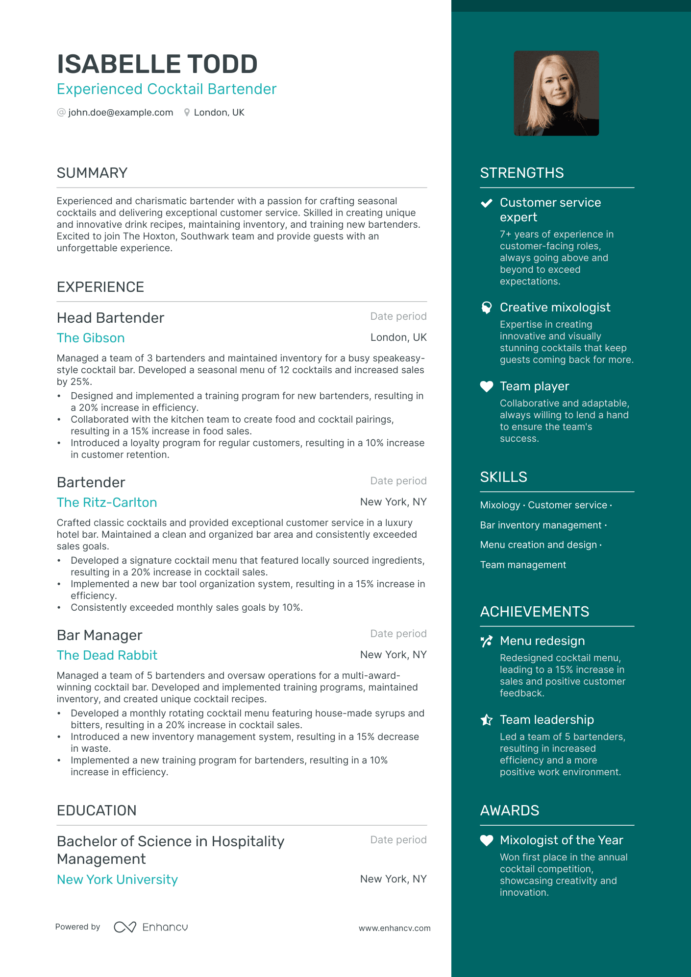 5 Cocktail Bartender Resume Examples & Guide for 2024