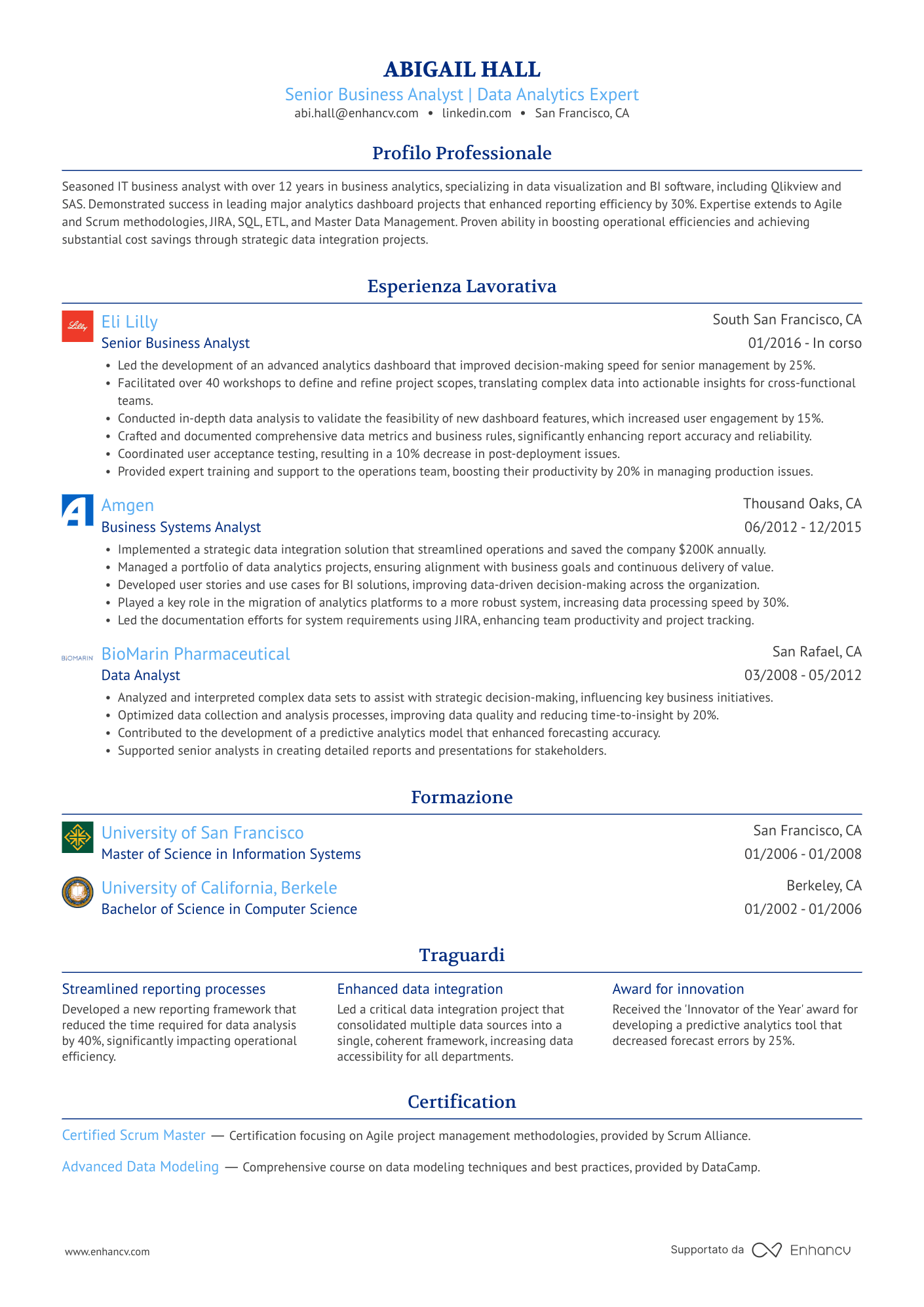 A single column, classic resume template with blue accent colors.