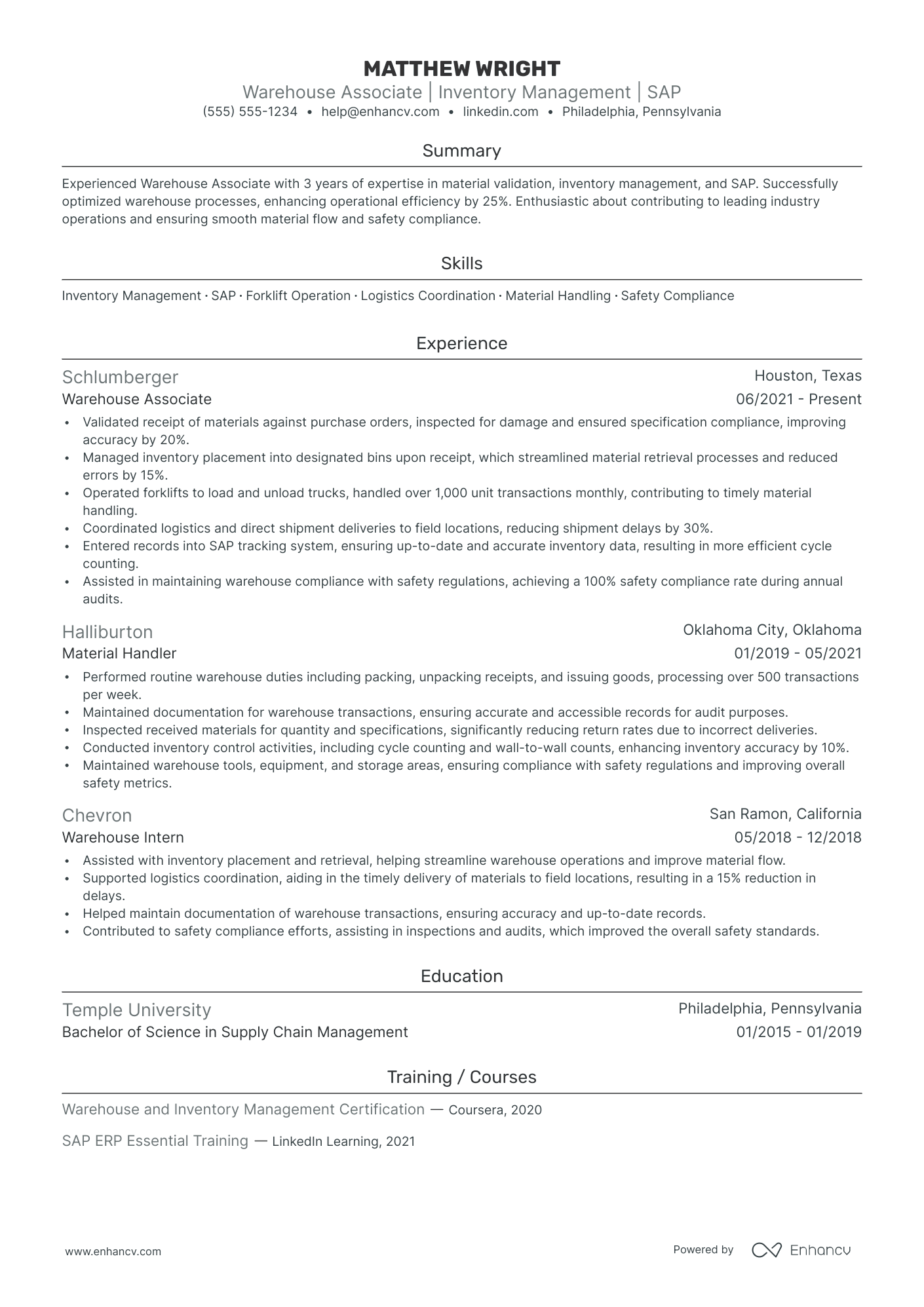 Warehouse Receiving Associate resume example