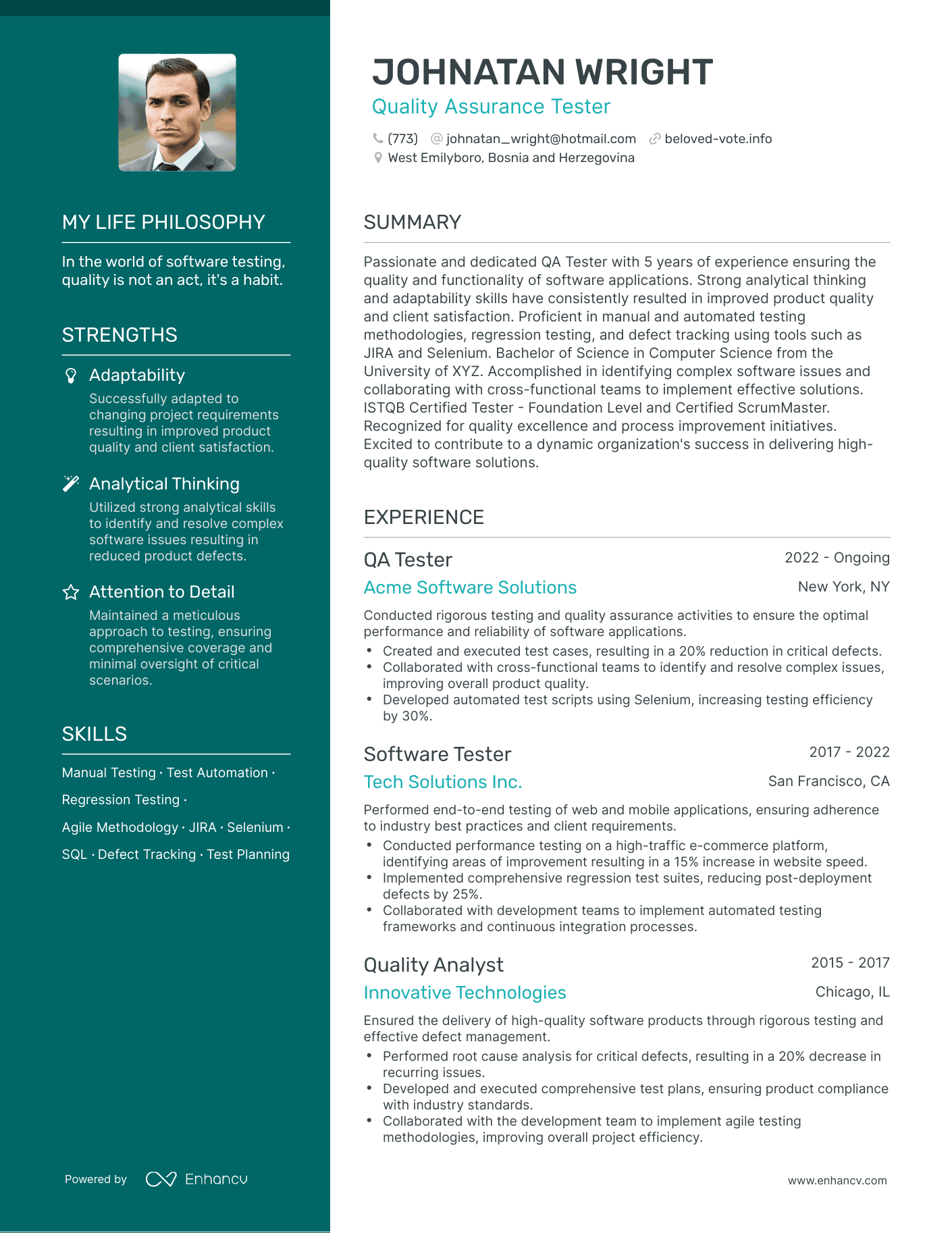 Creative Quality Assurance Tester Resume Example