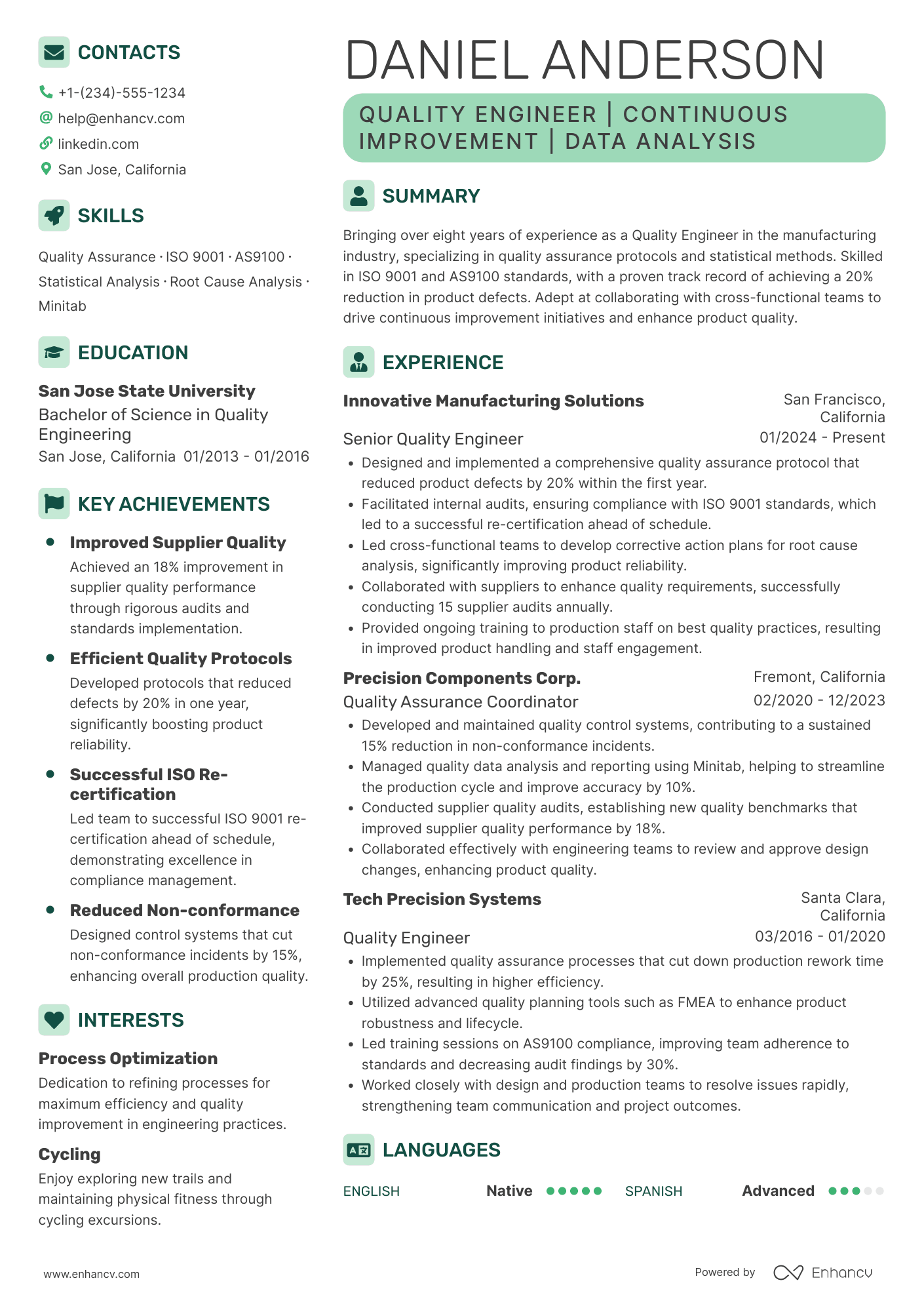 Quality Engineer resume example
