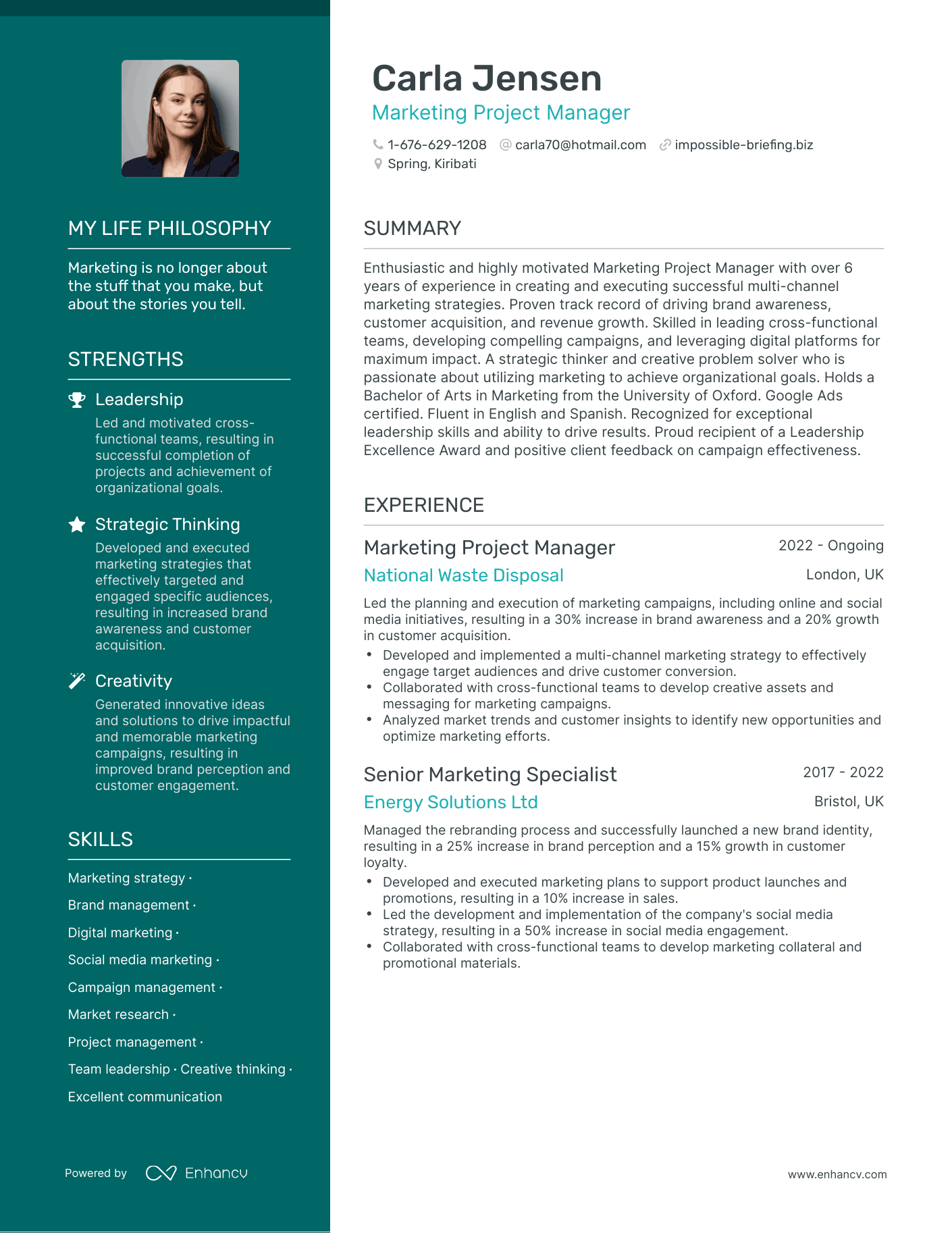 Creative Marketing Project Manager Resume Example