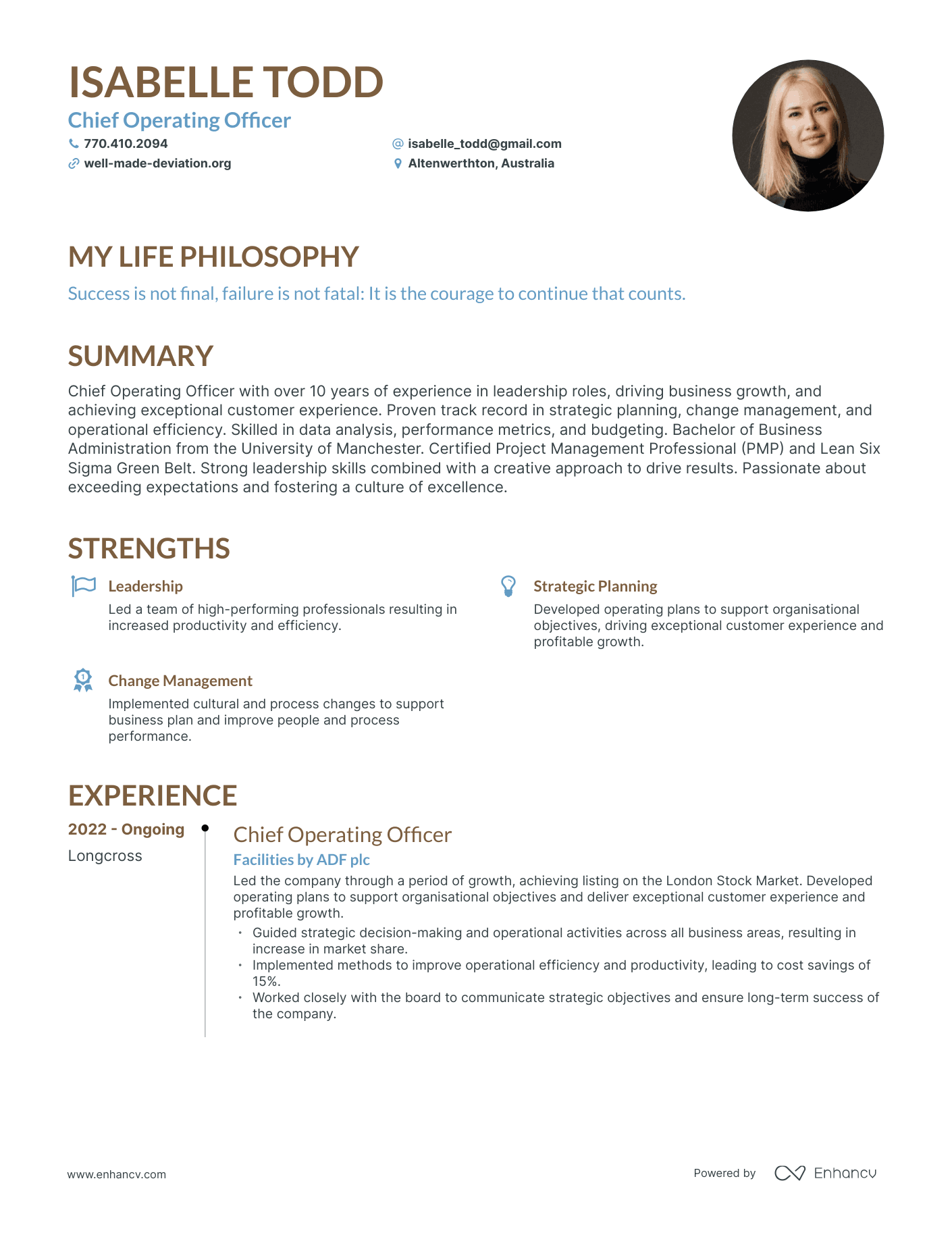 Creative Chief Operating Officer Resume Example