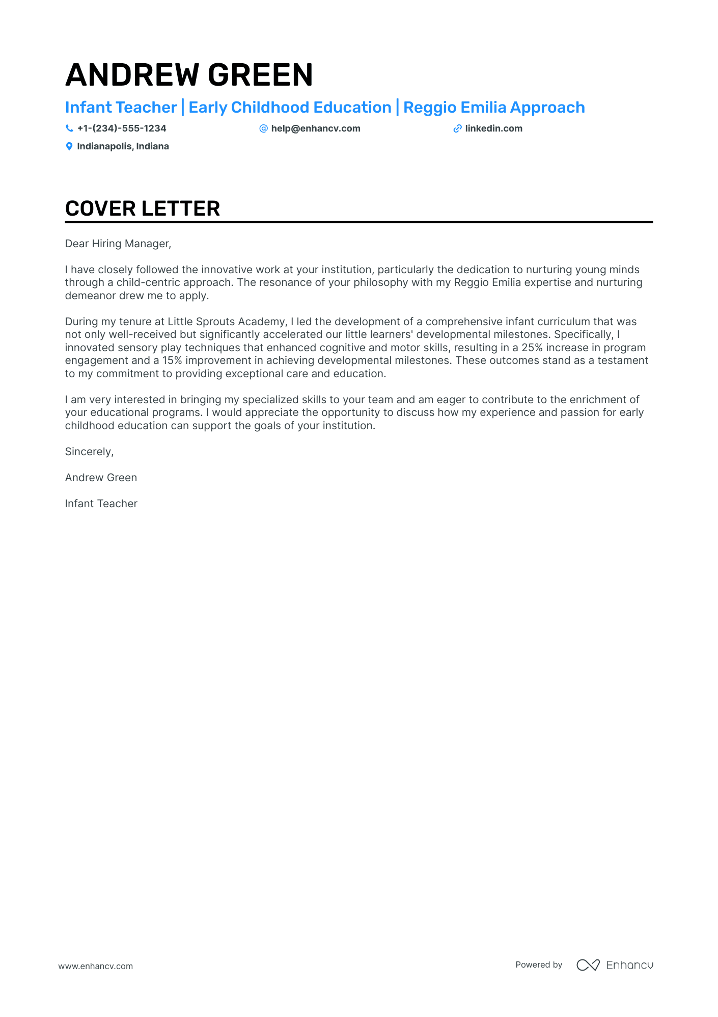 Infant Teacher cover letter