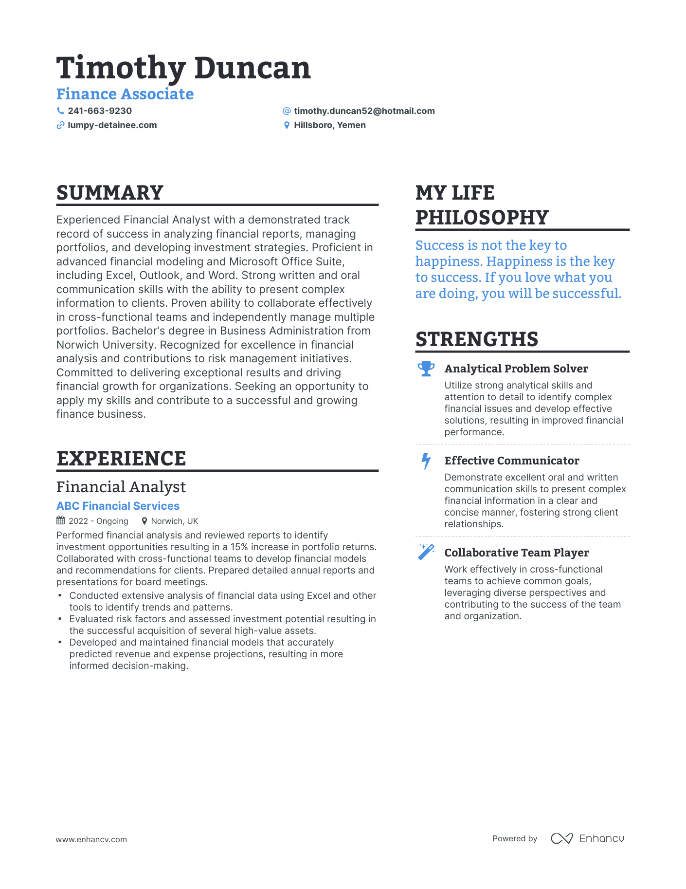Finance Associate resume example