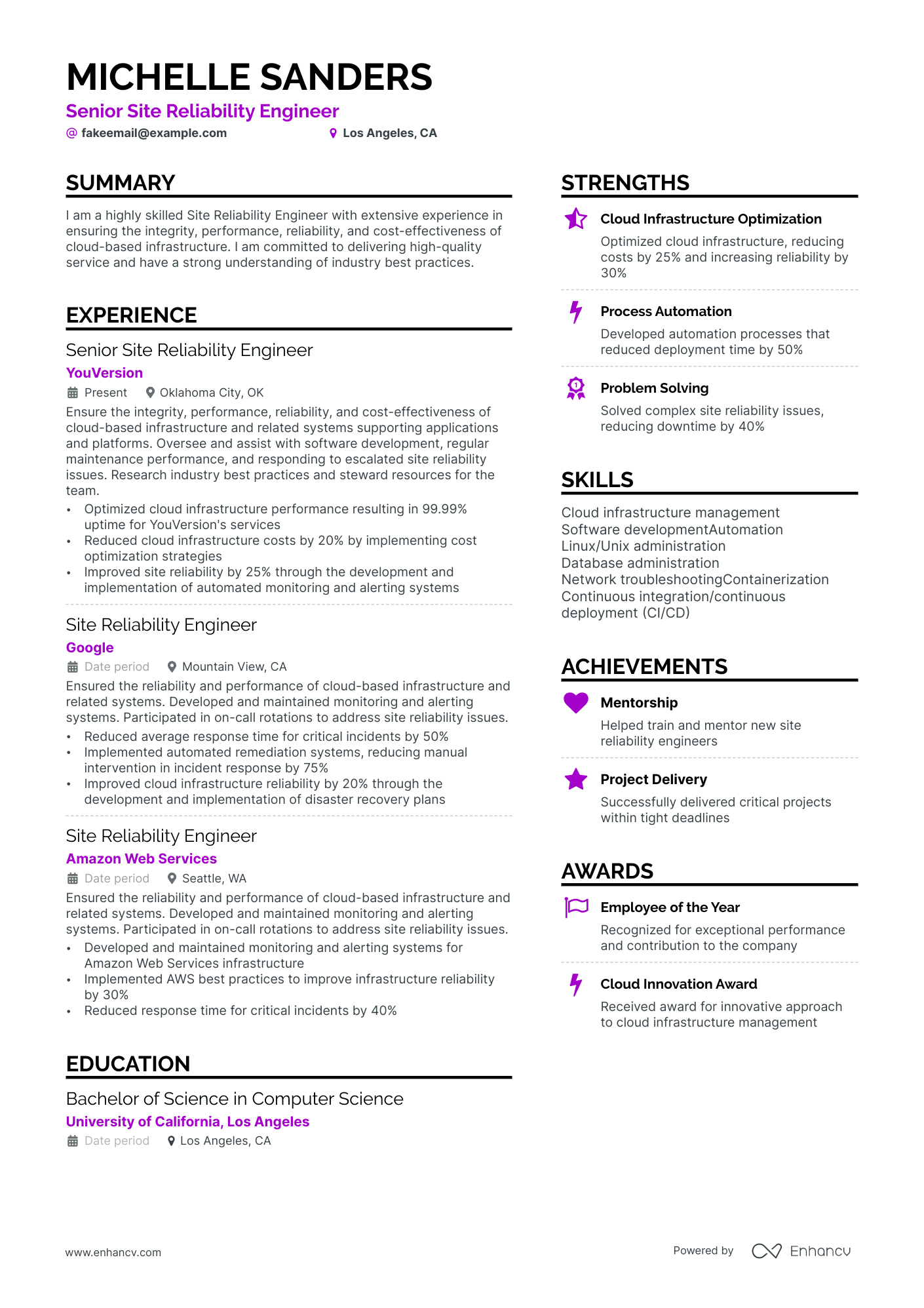 site reliability engineer resume example