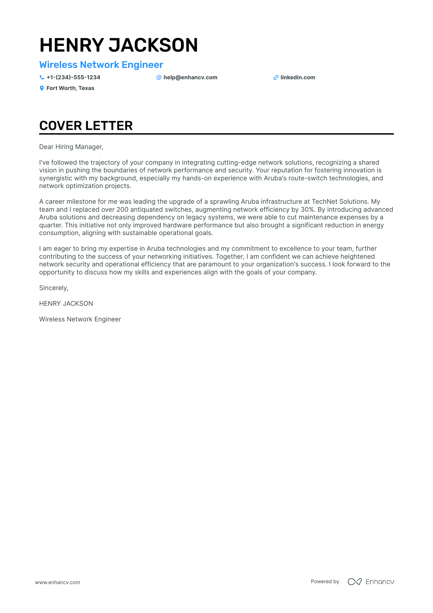 Wireless Network Engineer cover letter