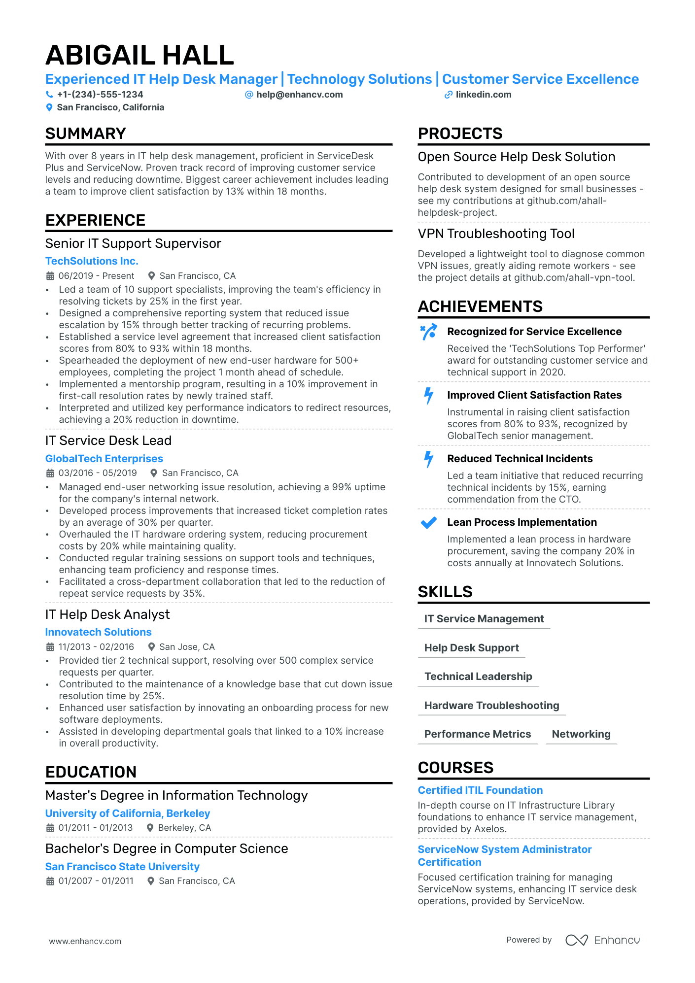Help Desk Manager resume example