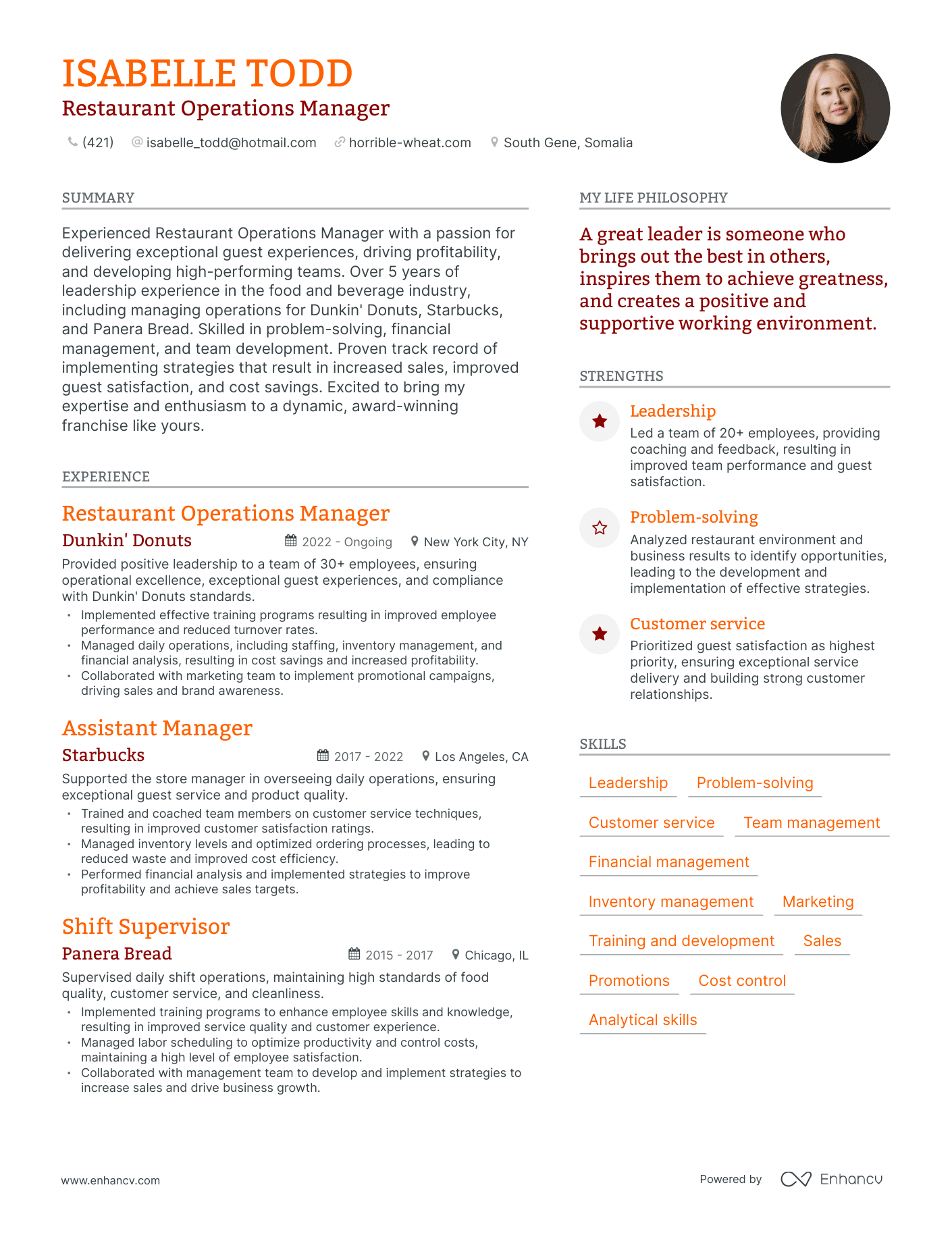 Modern Restaurant Operations Manager Resume Example