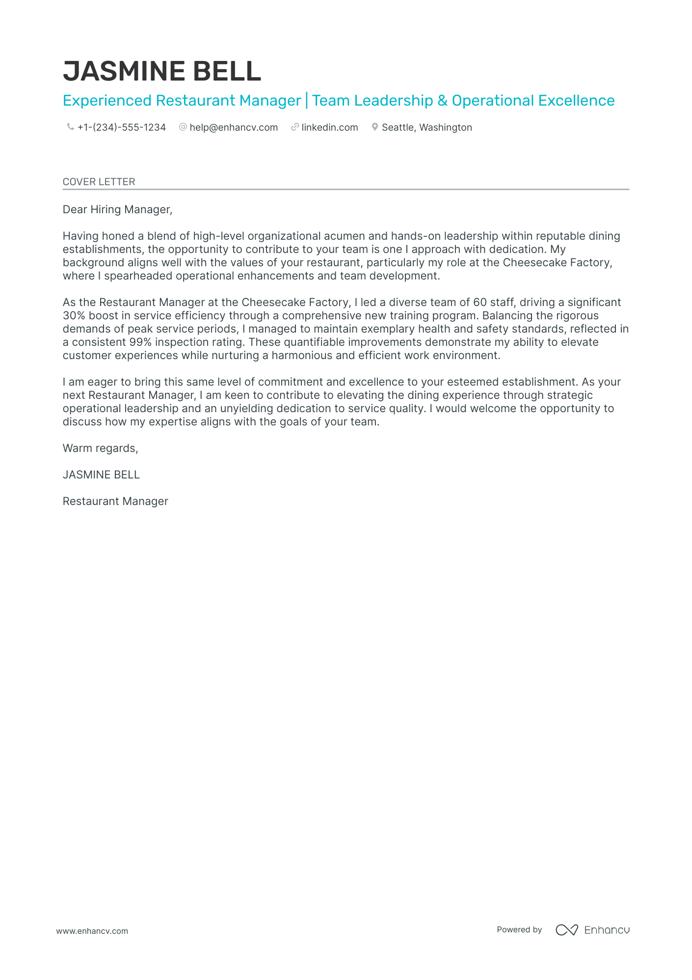 Restaurant Assistant Manager cover letter