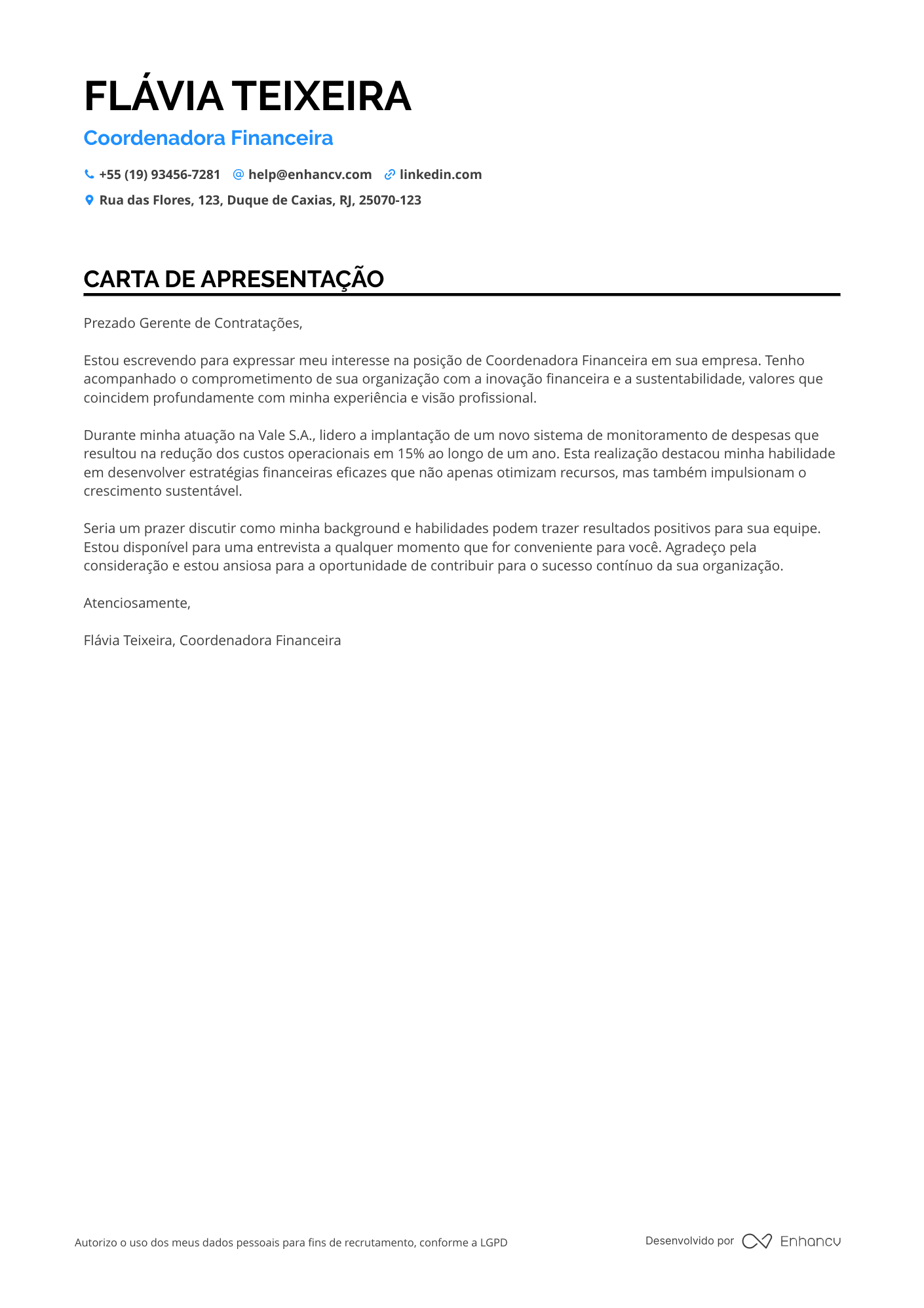 Coordenador Financeiro Carta de apresentação
