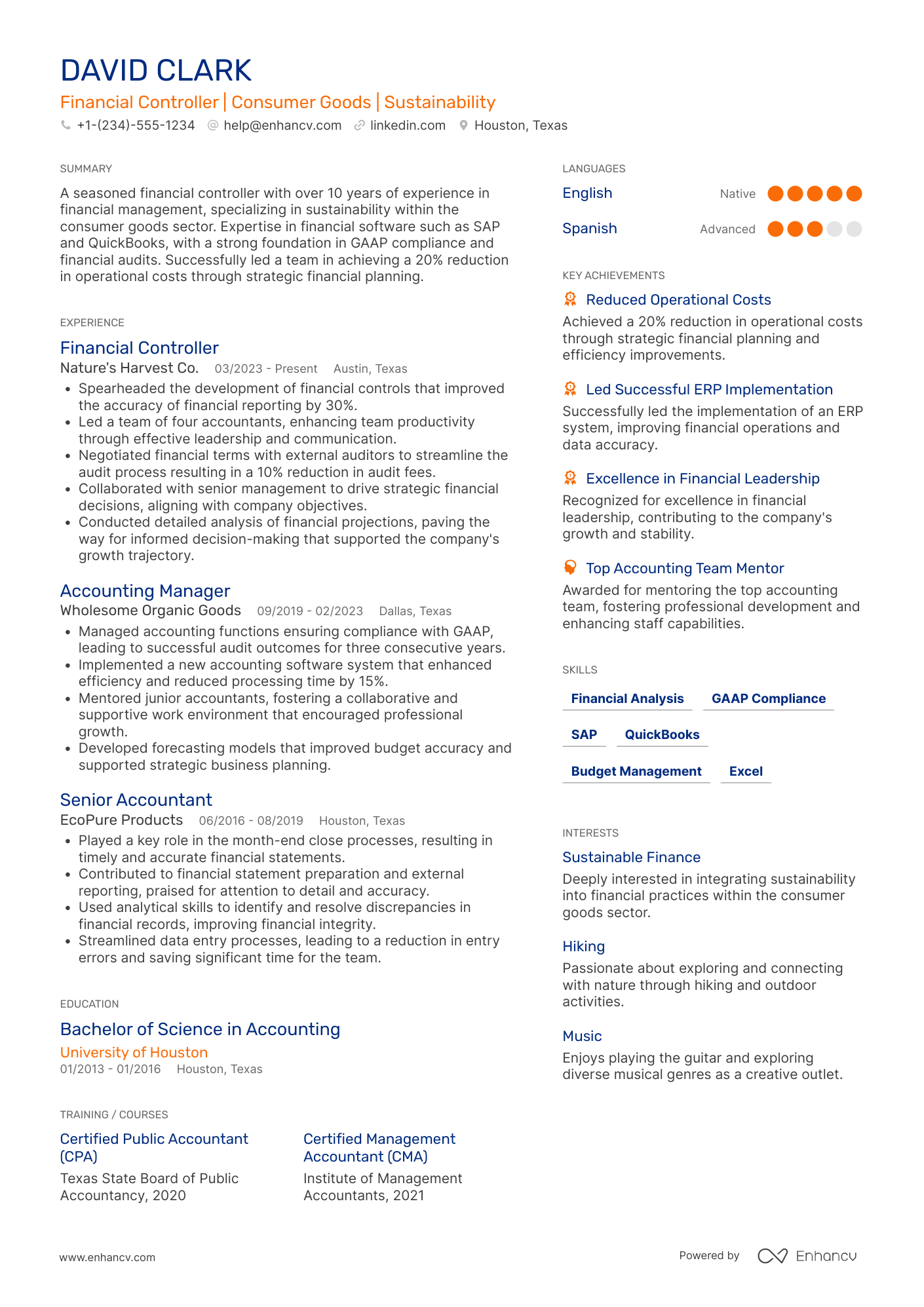 Financial Controller resume example