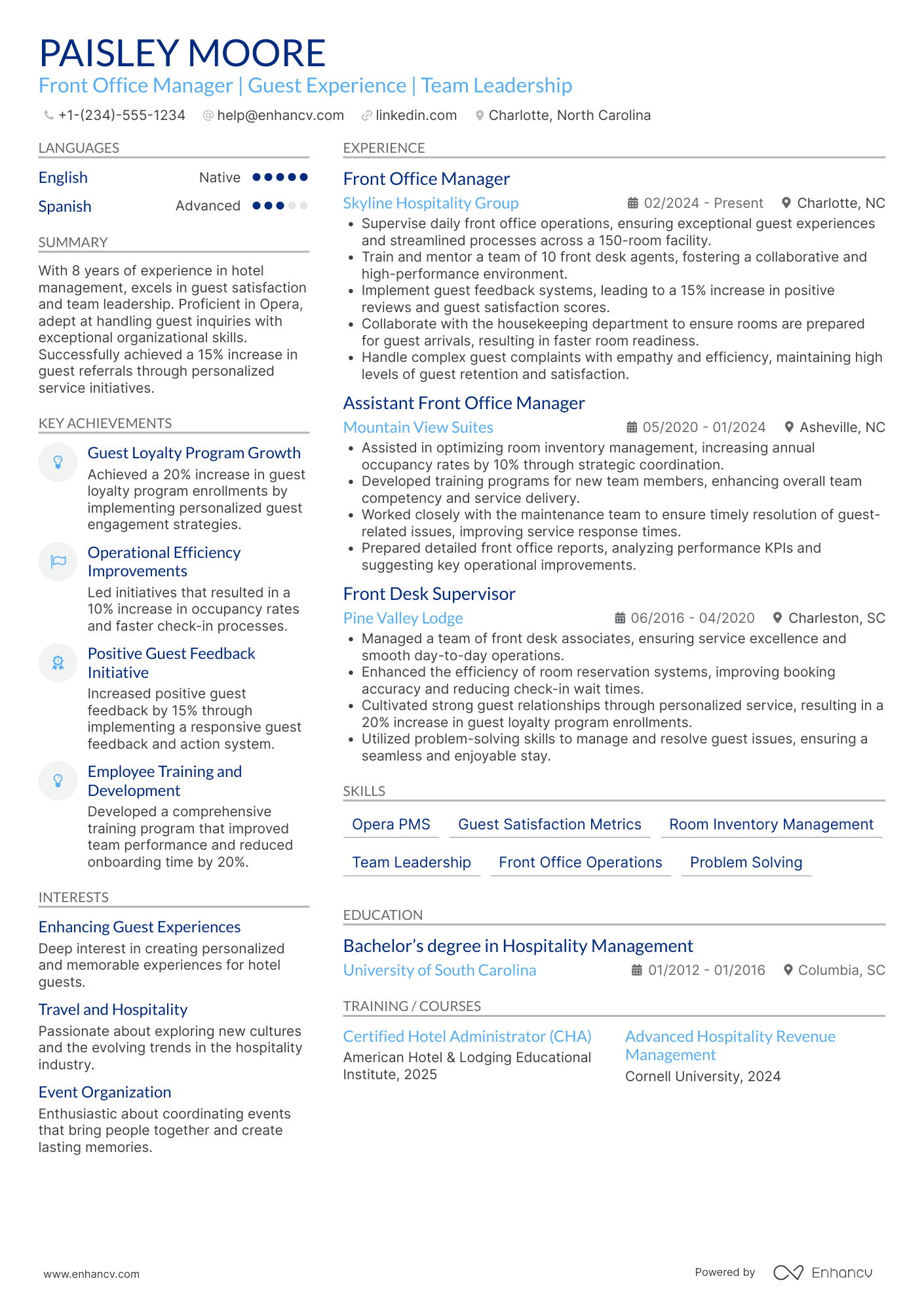 Front Office Manager resume example