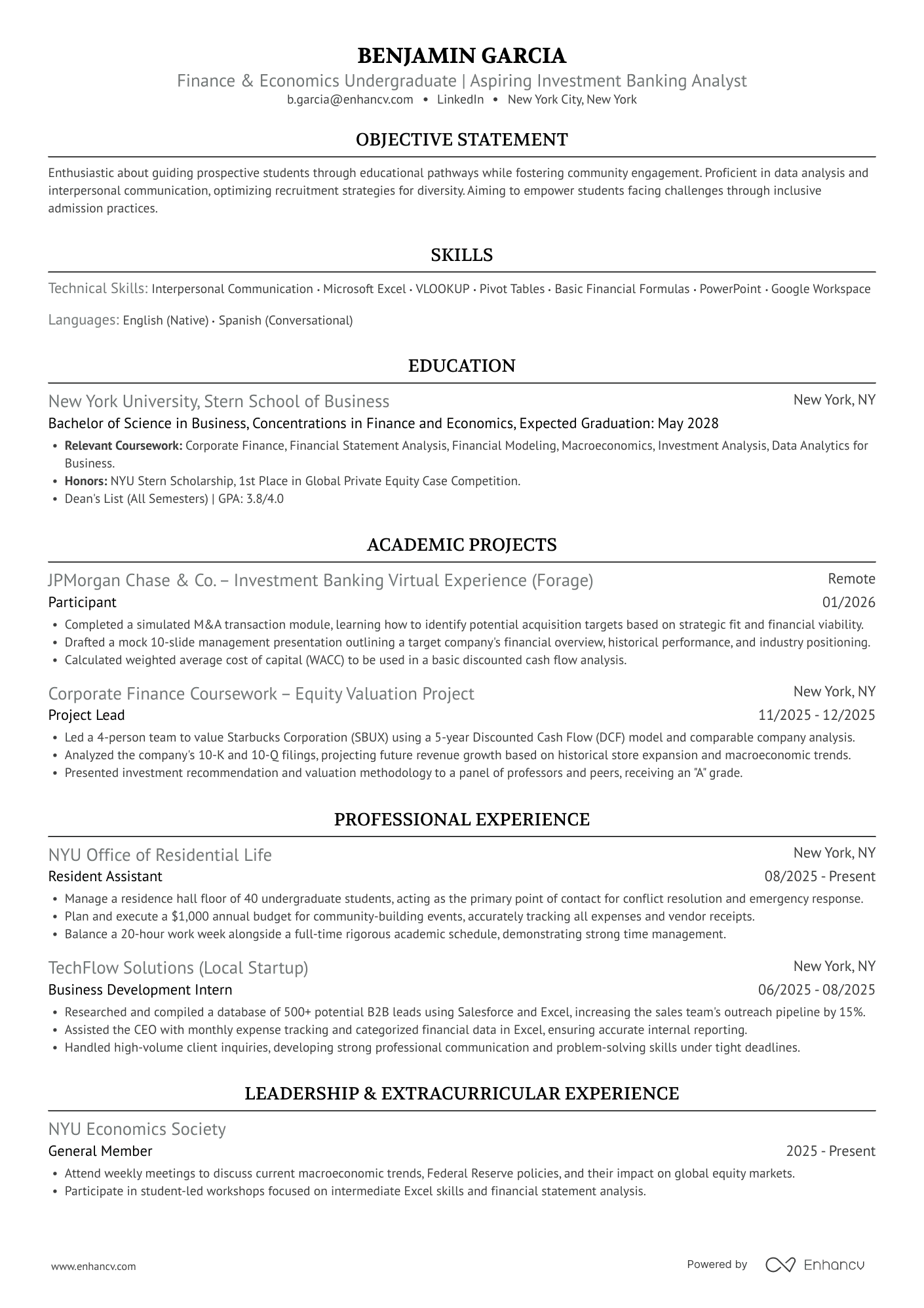 Ivy League ATS resume template example featuring a classic, professional single column layout with black and gray accent colors.
